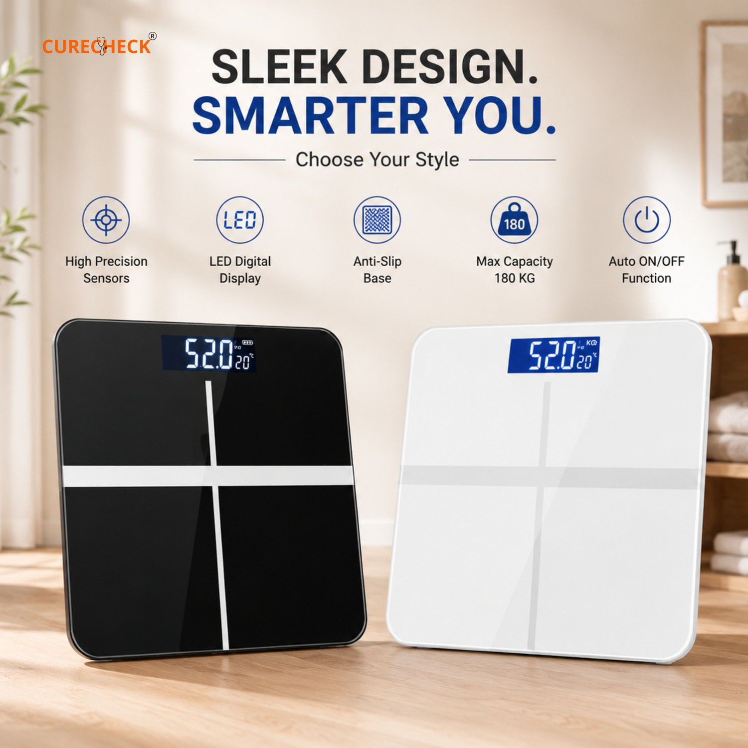Image of Curecheck Digital Body Weighing Scale with LED Display & High Accuracy Weighing Scale (Black)