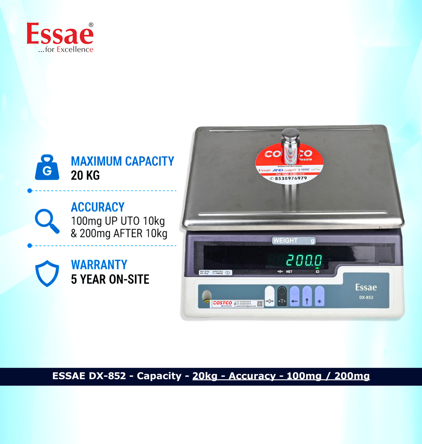 Image of Essae DX 852 CAPACITY 20KG ACCURACY 100 /200MG DUAL ACCURACY Weighing Scale