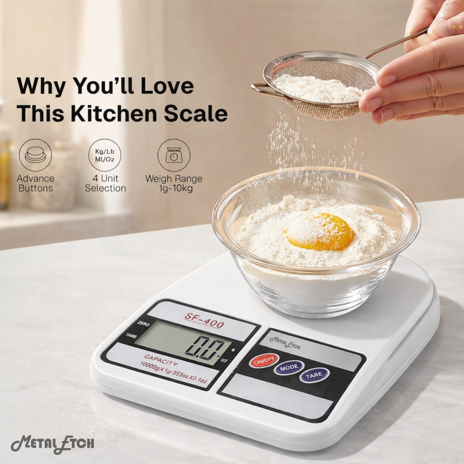 Image of Metal Etch Digital Kitchen Weight Machine upto 10kg |LCD Display with 1 Year Warranty| Weighing Scale