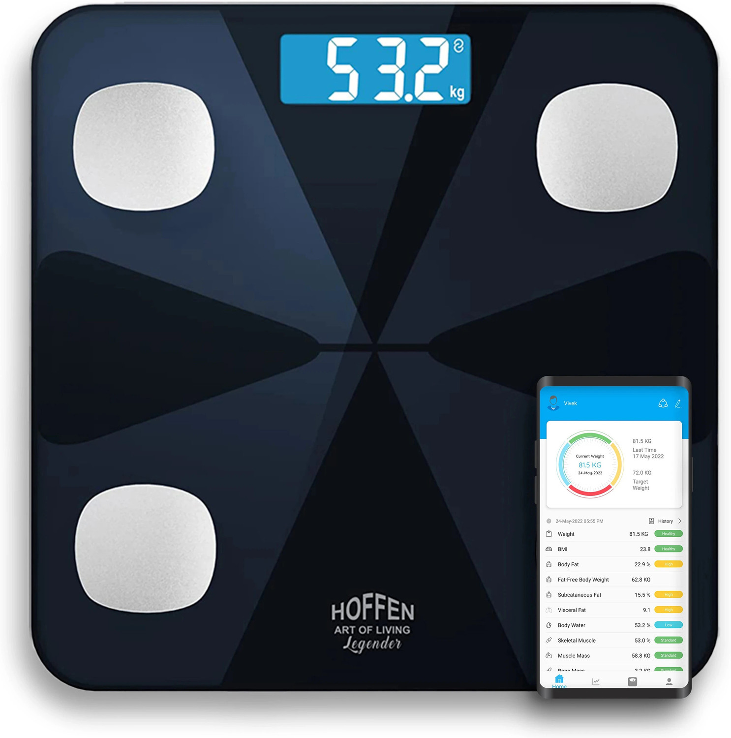 Image of HOFFEN Bluetooth BMI,BMR with 13 Essential Body Parameters Free Bluetooth Mobile APP Weighing Scale