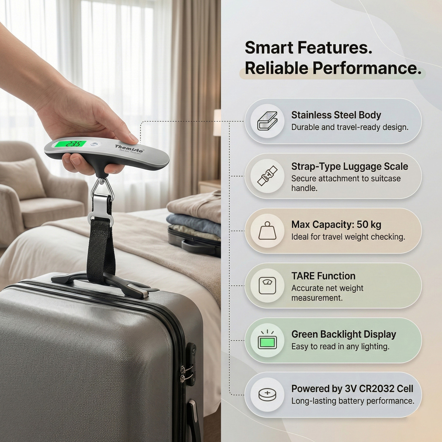 Image of tHemiStO TH-WS09 Digital Luggage Scale with Tare and Hold Function, Max. weight = 50kg Weighing Scale