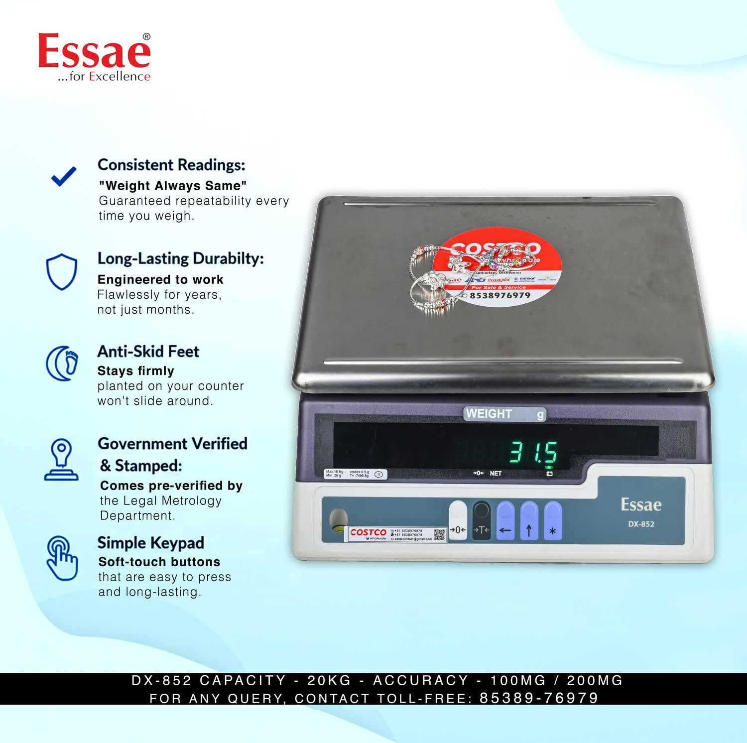 Image of Essae DX 852 CAPACITY 20KG ACCURACY 100 /200MG DUAL ACCURACY Weighing Scale