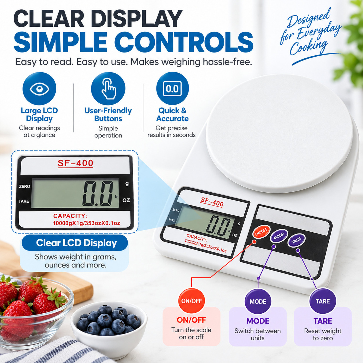 Image of KOTRONICS SF-400 Digital Kitchen Weighing Scale 10kg x 1g with LCD Display Weighing Scale (White)
