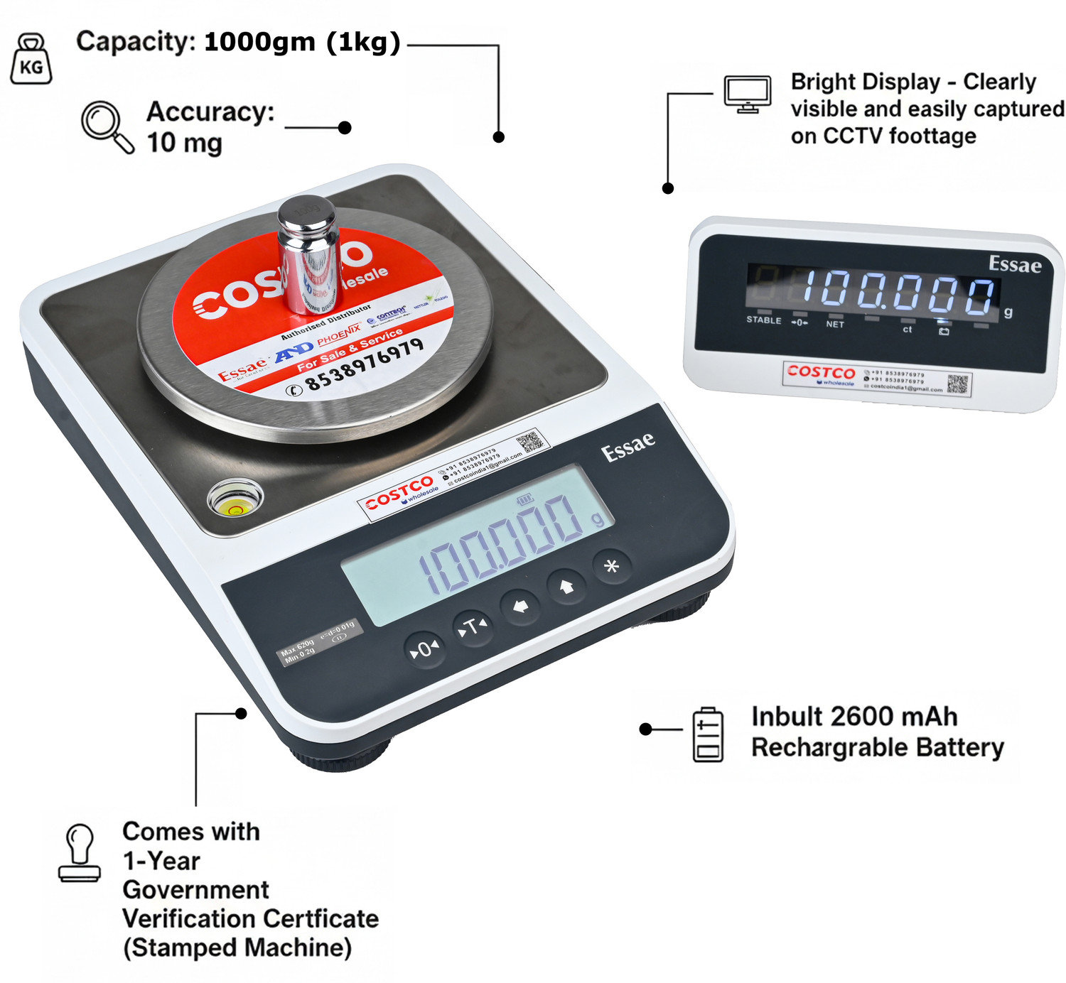 Image of Essae JX - 110 CAPACITY - 1KG I ACCURACY - 10MG WITH EXTRA DISPLAY Weighing Scale