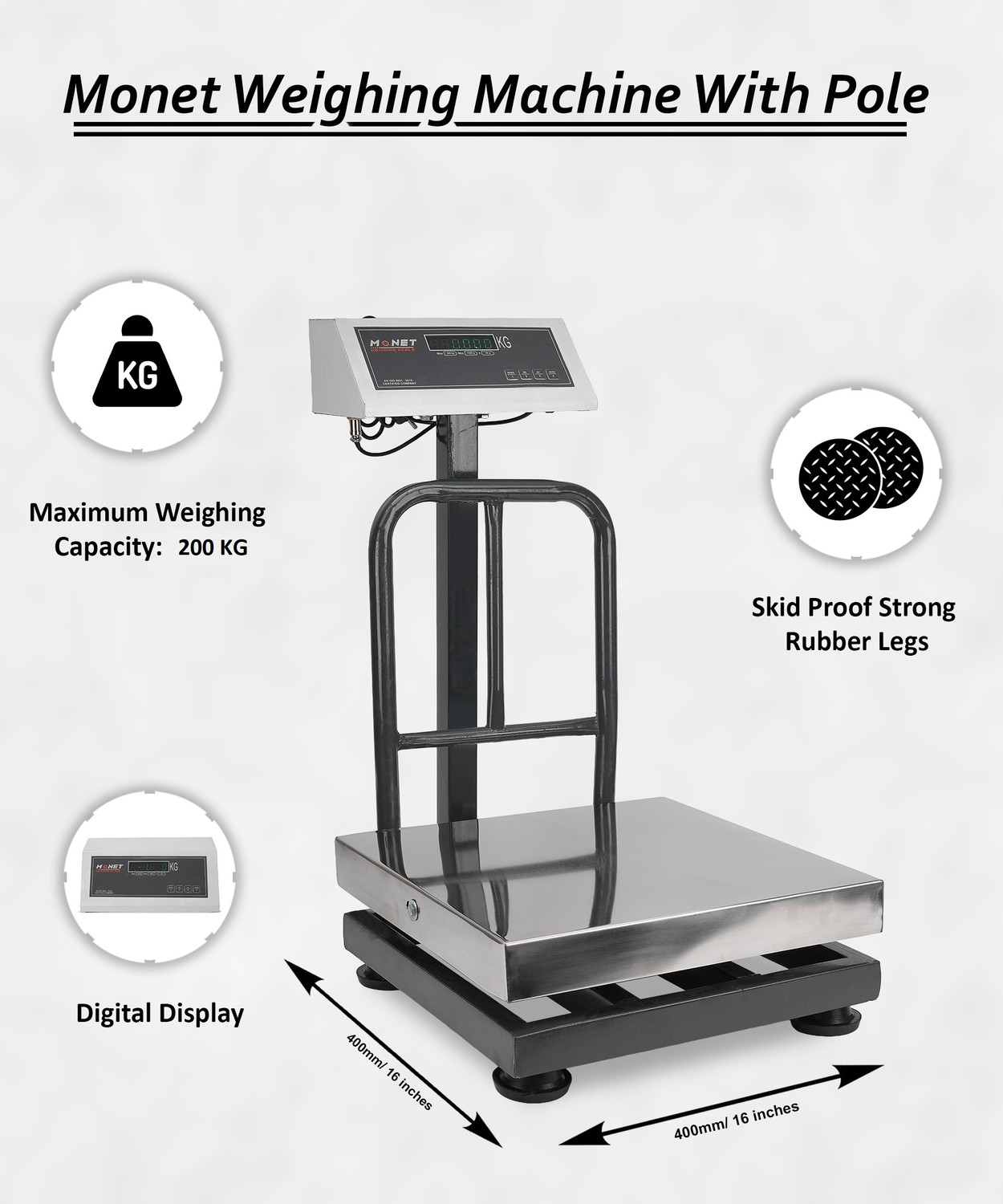 Image of monet international 200kg - 16*16 inch / 400*400 mm SS; 2 Days Battery Backup Weighing Scale