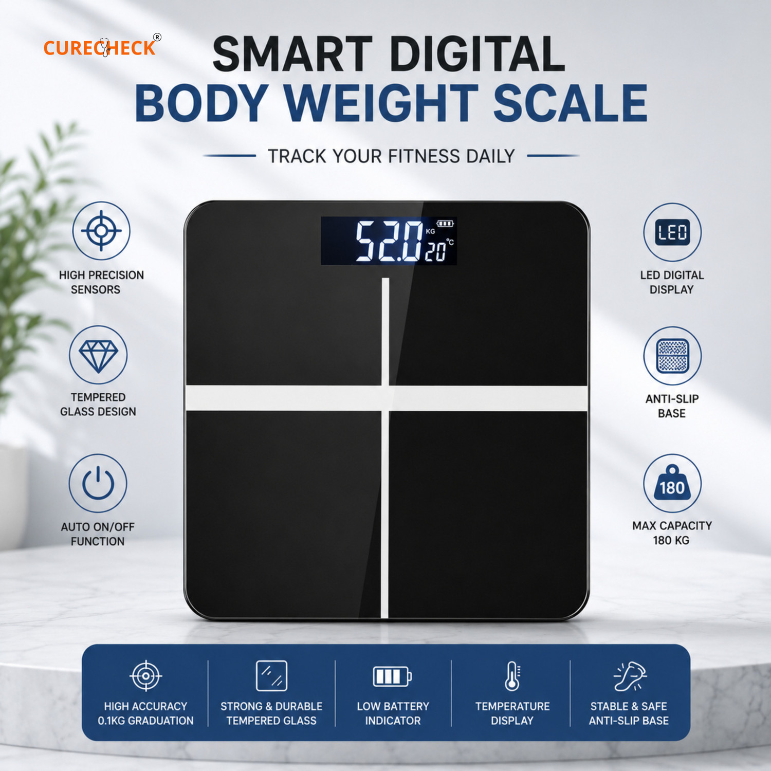 Image of Curecheck Digital Body Weighing Scale with LED Display & High Accuracy Weighing Scale (Black)