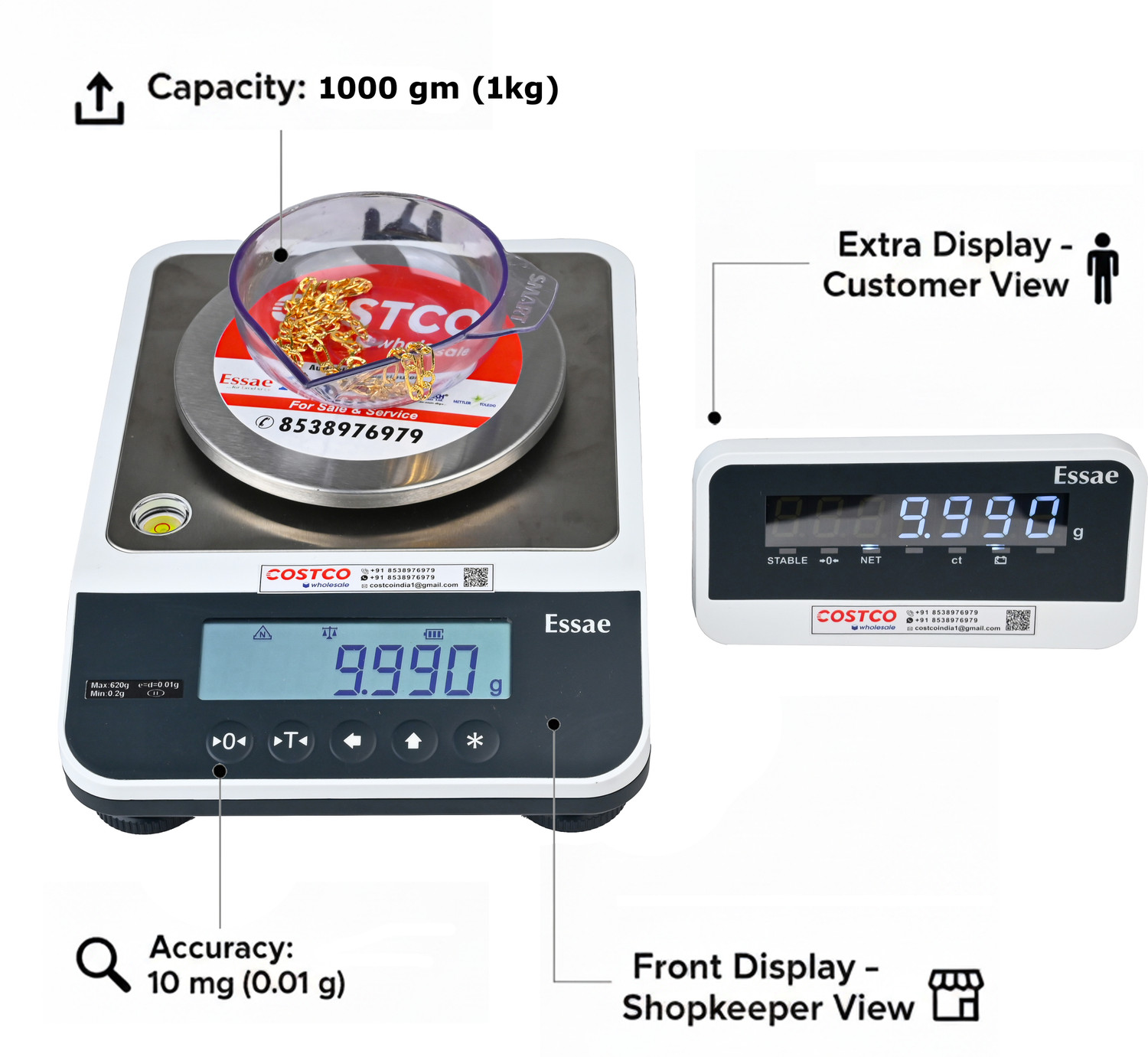 Image of Essae JX - 110 CAPACITY - 1KG I ACCURACY - 10MG WITH EXTRA DISPLAY Weighing Scale