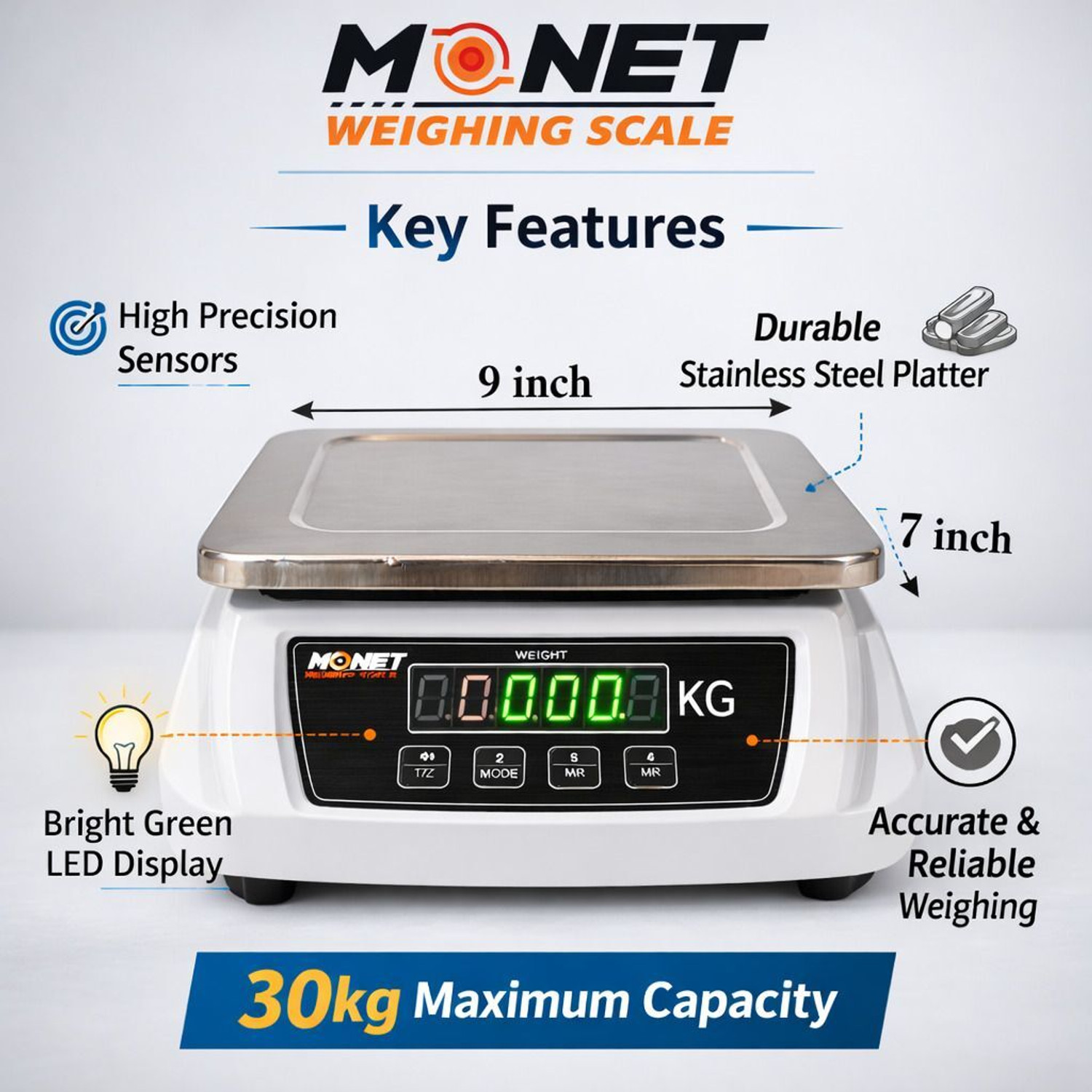 Image of monet MS Pole 30Kg, 2g, with 2Days Battery Backup Weighing Scale