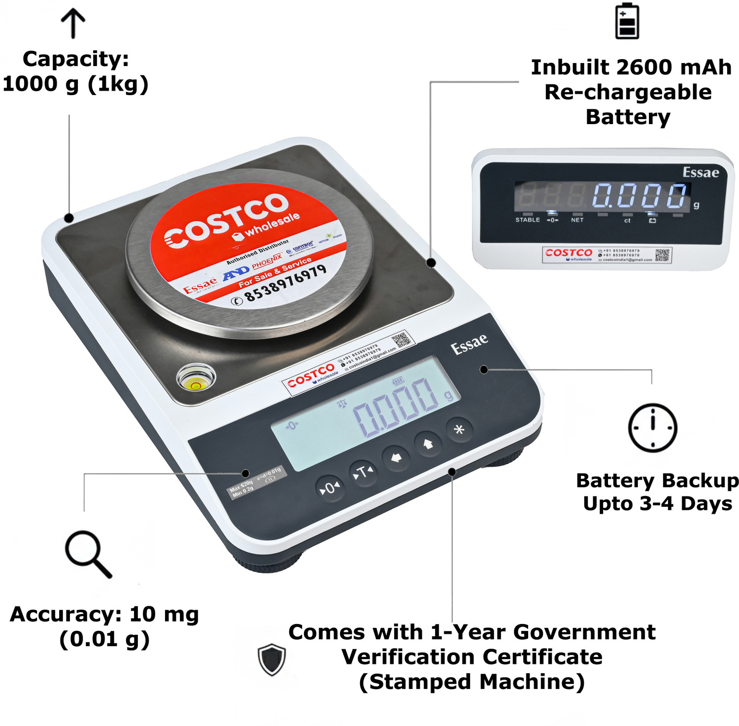Image of Essae JX - 110 CAPACITY - 1KG I ACCURACY - 10MG WITH EXTRA DISPLAY Weighing Scale