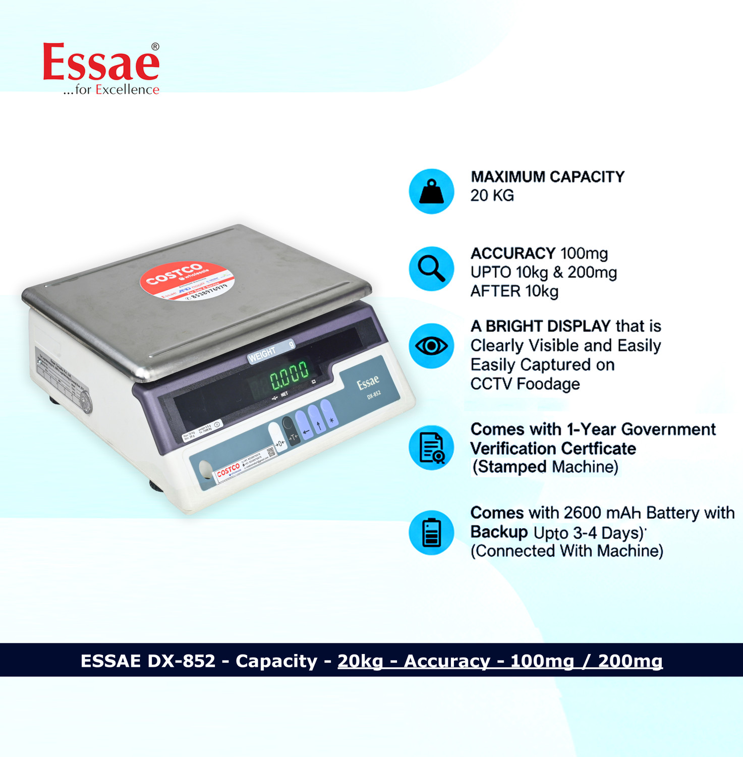 Image of Essae DX 852 CAPACITY 20KG ACCURACY 100 /200MG DUAL ACCURACY Weighing Scale