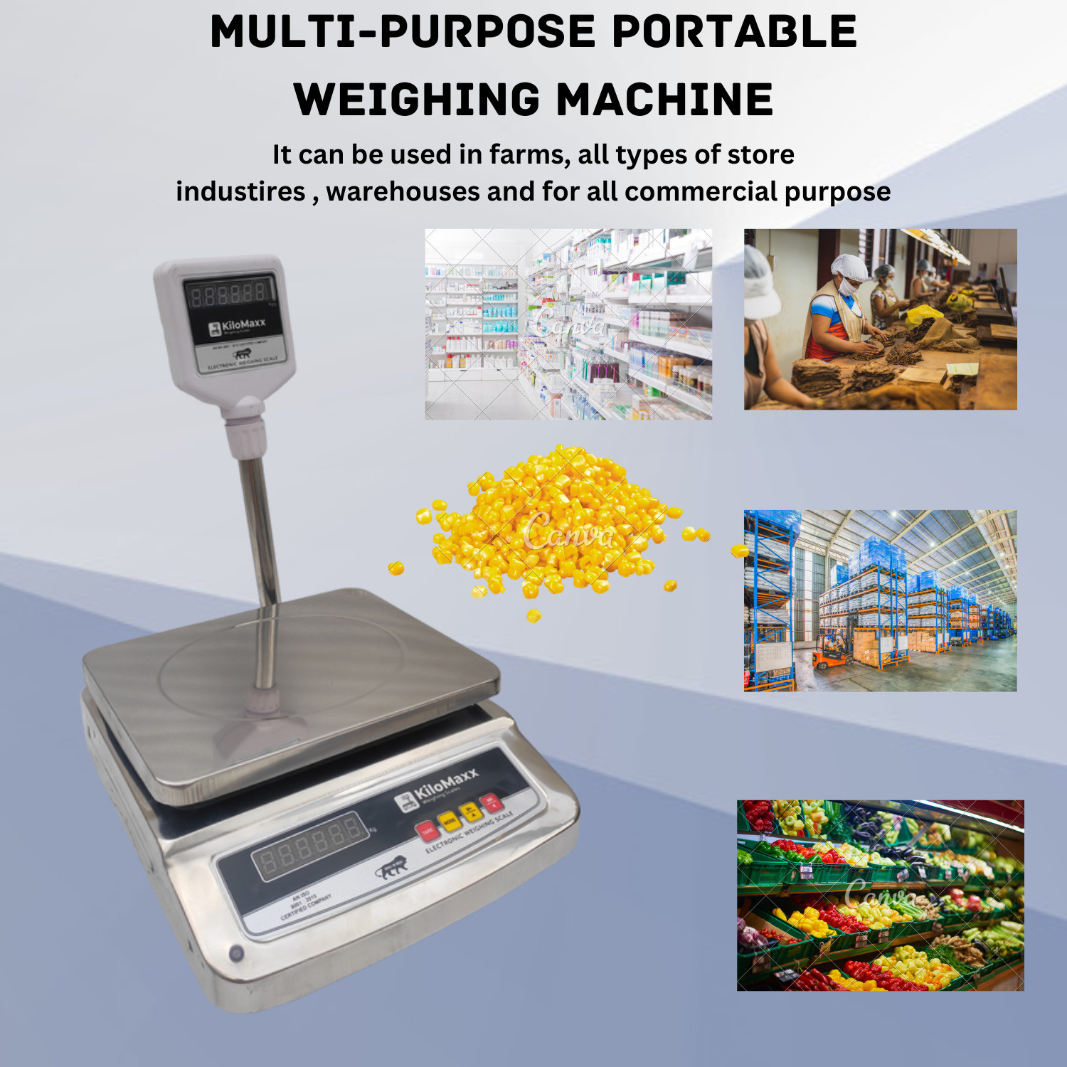 Image of KiloMaxx KM-23, 50kg Weight Scale Front & Green Pole Display Multipurpose Weighing Scale
