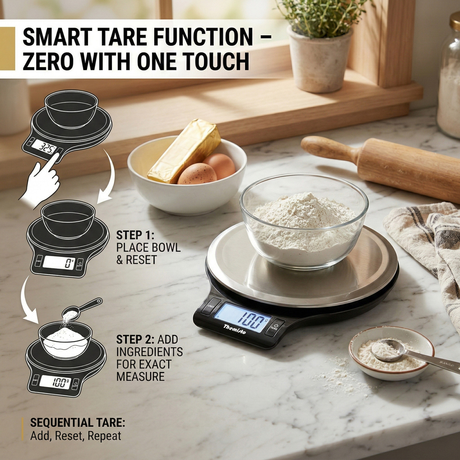 Image of tHemiStO TH-WS21 Stainless Steel | 5kg | Kitchen Weighing Scale