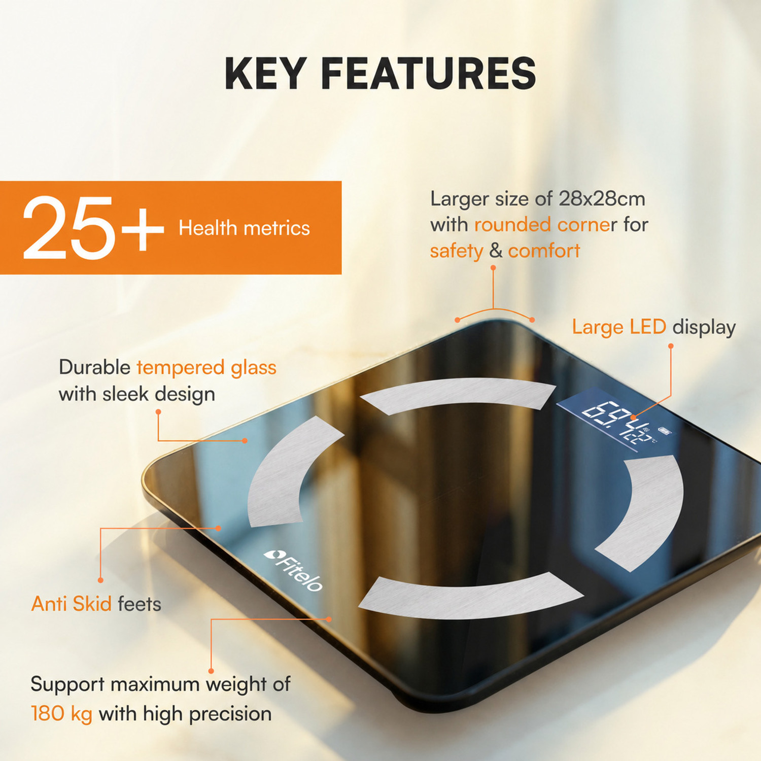 Image of Fitelo Bluetooth Smart Scale | Body Fat BMI Analyzer | Tracks 25 Metrics | App Sync Weighing Scale