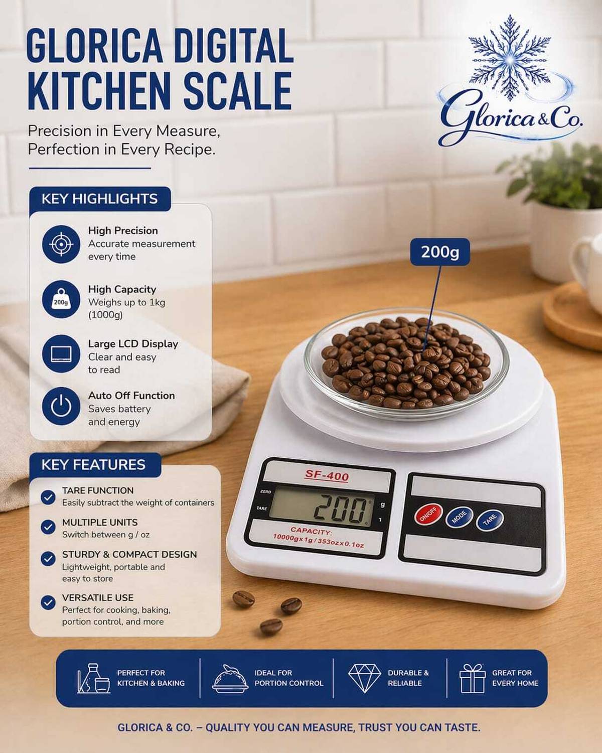 Glorica & co Glorica Digital Kitchen Weighing Scale SF-400 Weighing Scale — Smart Kitchen Gadgets