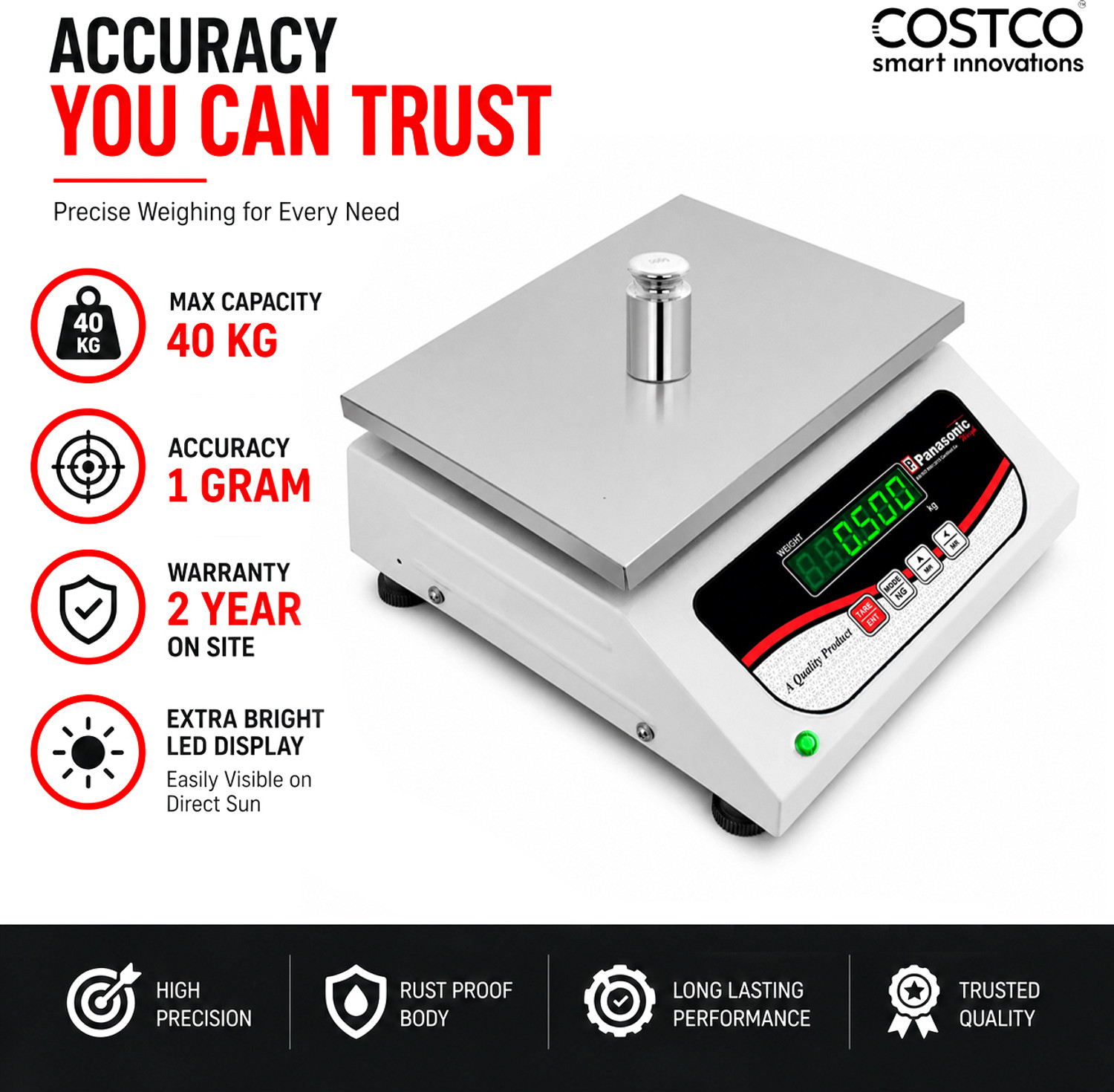 Image of Costco PAN-40K,40Kg with High Frequency Sensor Display for All Kirana & Vegetable shop Weighing Scale (White, Grey, Black, Red)
