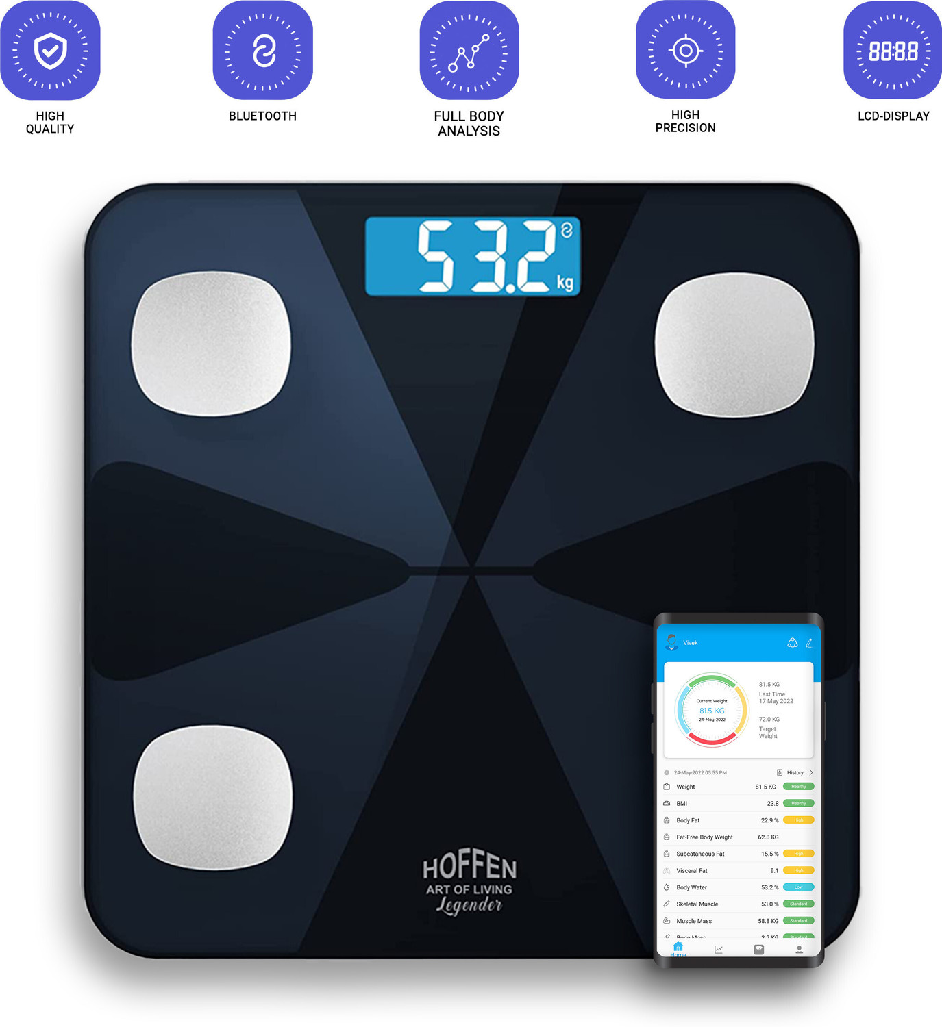 Image of HOFFEN Bluetooth BMI,BMR with 13 Essential Body Parameters Free Bluetooth Mobile APP Weighing Scale
