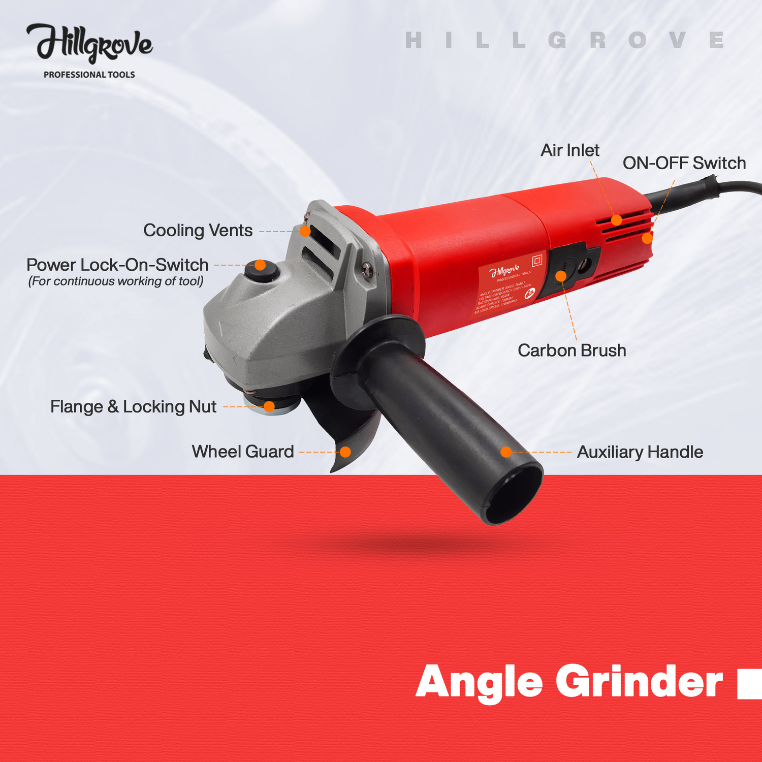 Image of Hillgrove HGCM1385M2 100% Copper Winding 10mm Drill Gun Drilling Machine Kit Set with HGCM1385M2 4inch Hand Angle Grinder Wall Cutter Grinding Glender Cutting Machine Hammer Drill