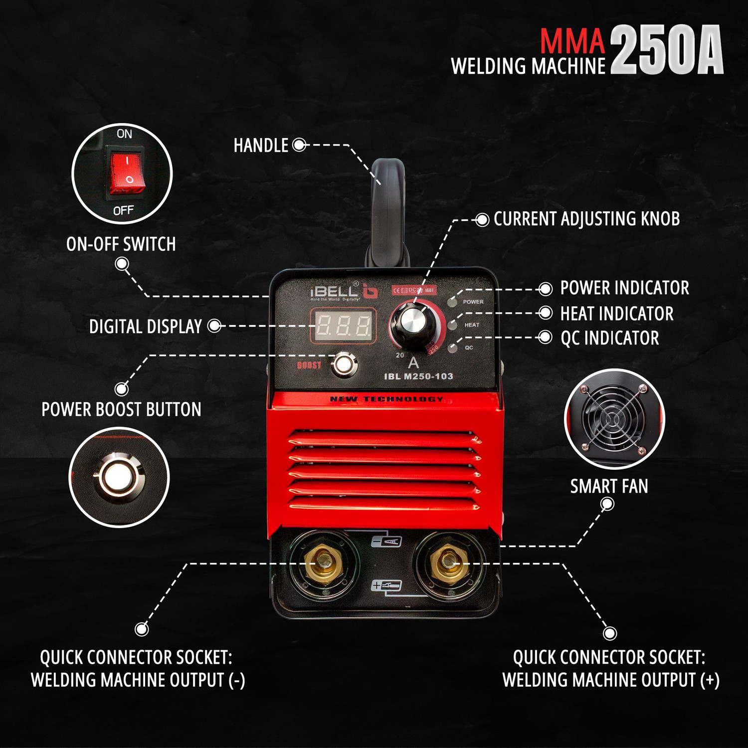 Image of iBELL IBL M250-103 ARC Welding Machine, IGBT, 250A with Hot Start,Anti-Stick,Arc Force Inverter Welding Machine