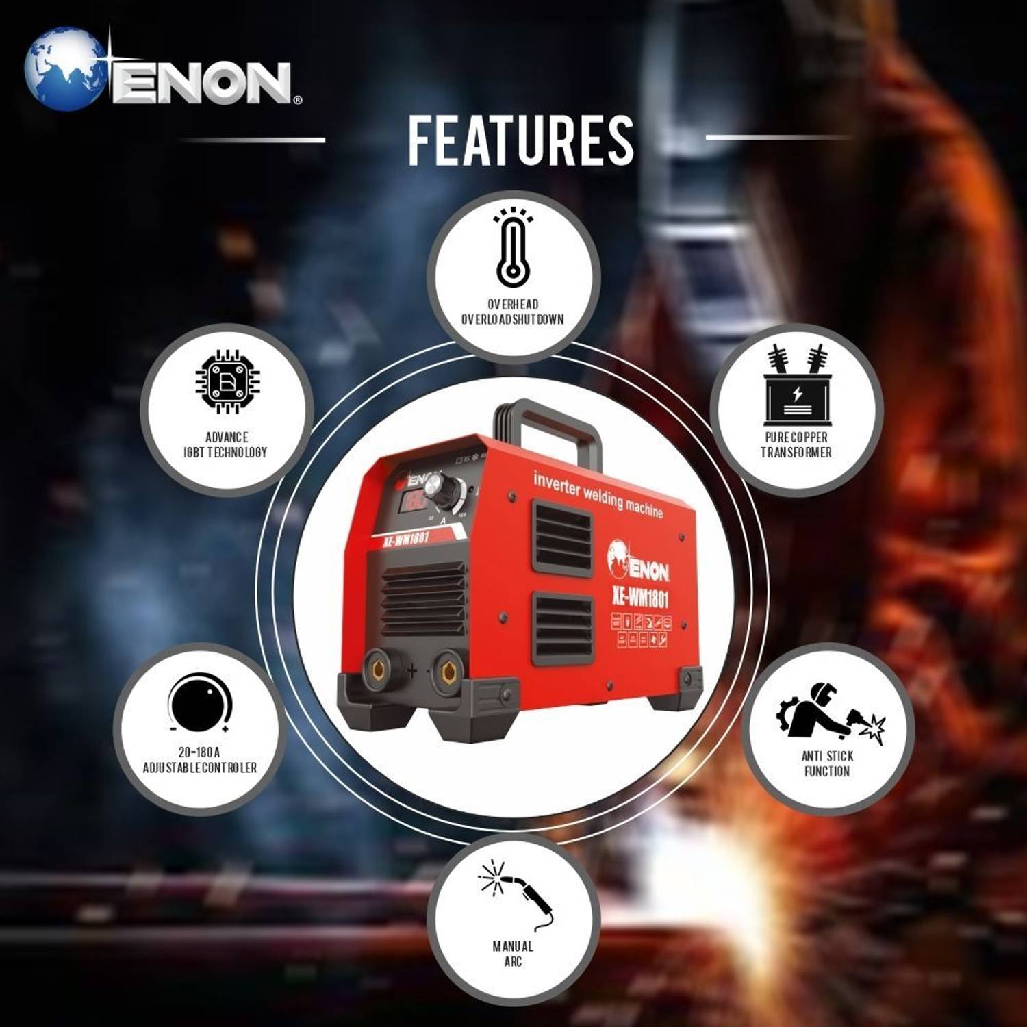 Enon 180A Welding Machine (IGBT) 8300W Power Welder, Hot Start