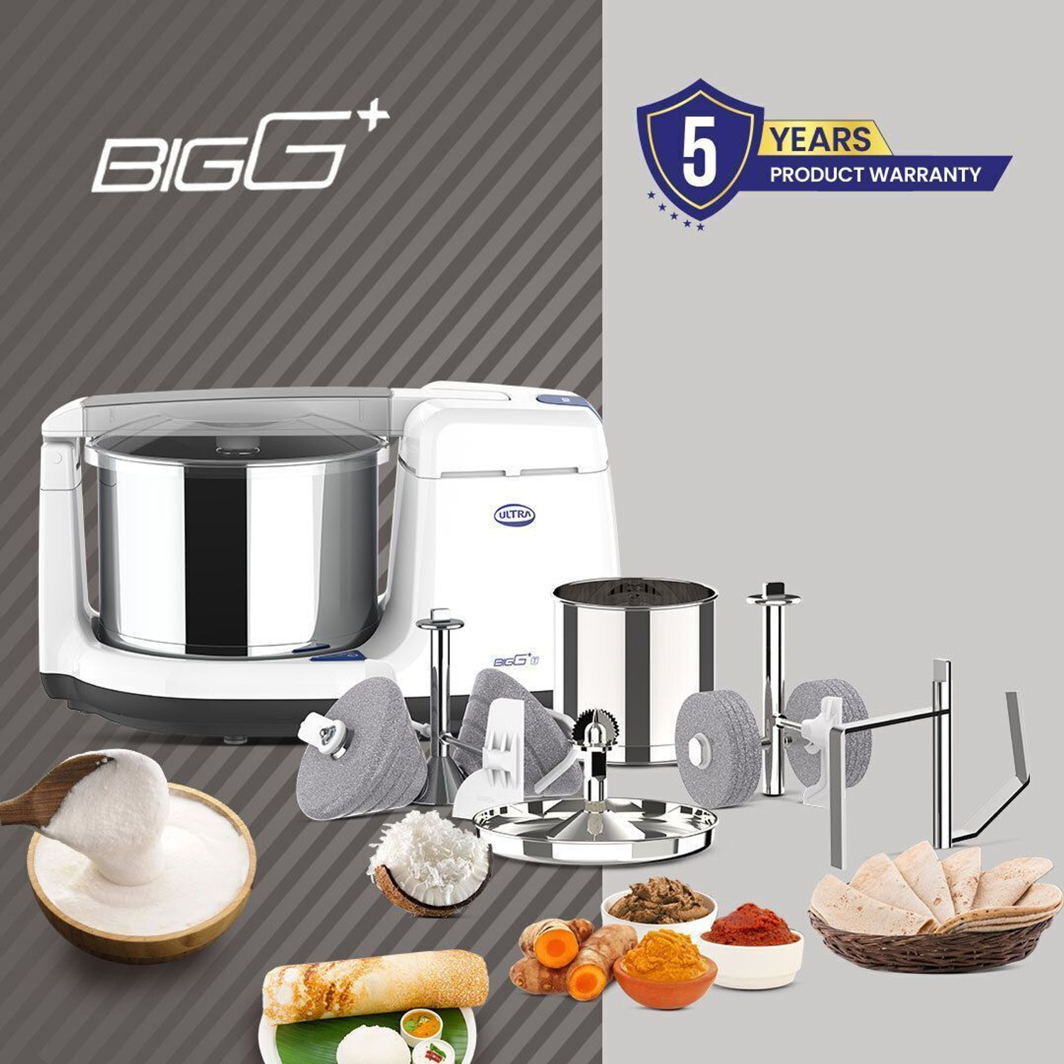 Image of ULTRA FG51000010 Wet Grinder Ultra Grind+ Gold Wet Grinder Celebration Pack | 2L Multiutility Drum with Conical Stones, 1L Spice Mix Drum with Cylindrical Stone, Coconut scraper, Atta kneader & Stainless Steel