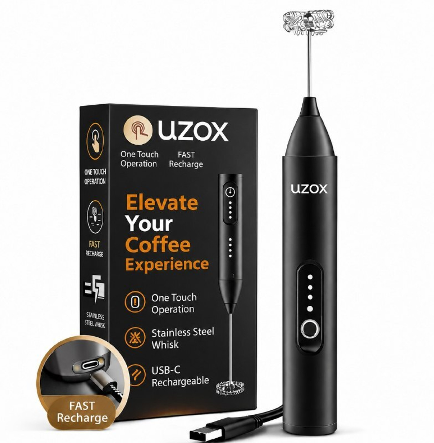 Image of Uzox Rechargeable Milk Frother & Coffee Whisker with Dual Spring Tech Plastic Spiral Whisk