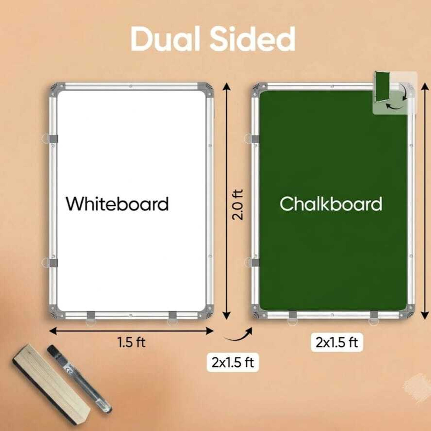 Image of Homedmart Double Sided Whiteboard & Chalkboard (2x1.5 Ft) with Free Accessories Green, White board