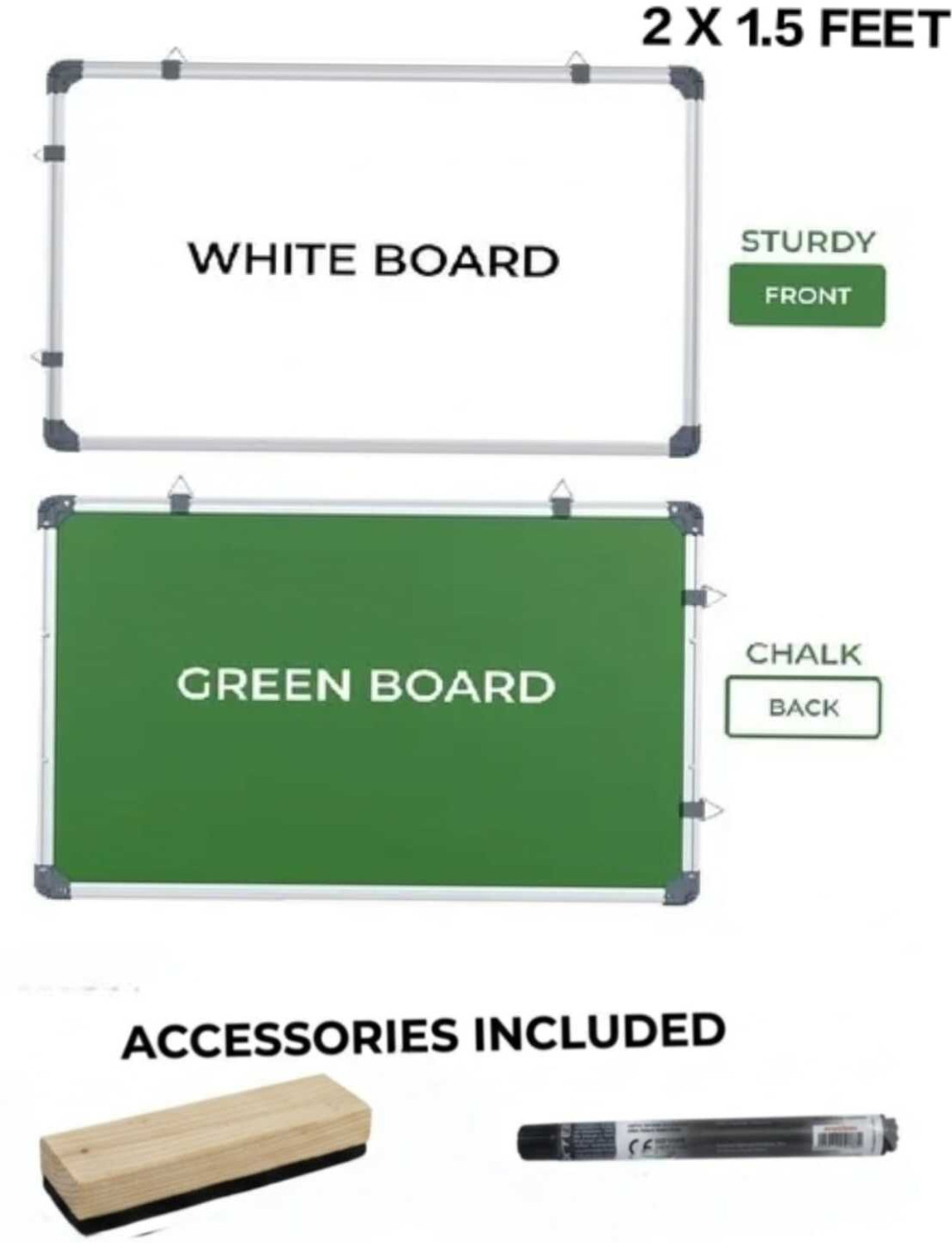 Image of Homedmart Double Sided Whiteboard & Chalkboard (2x1.5 Ft) with Free Accessories Green, White board