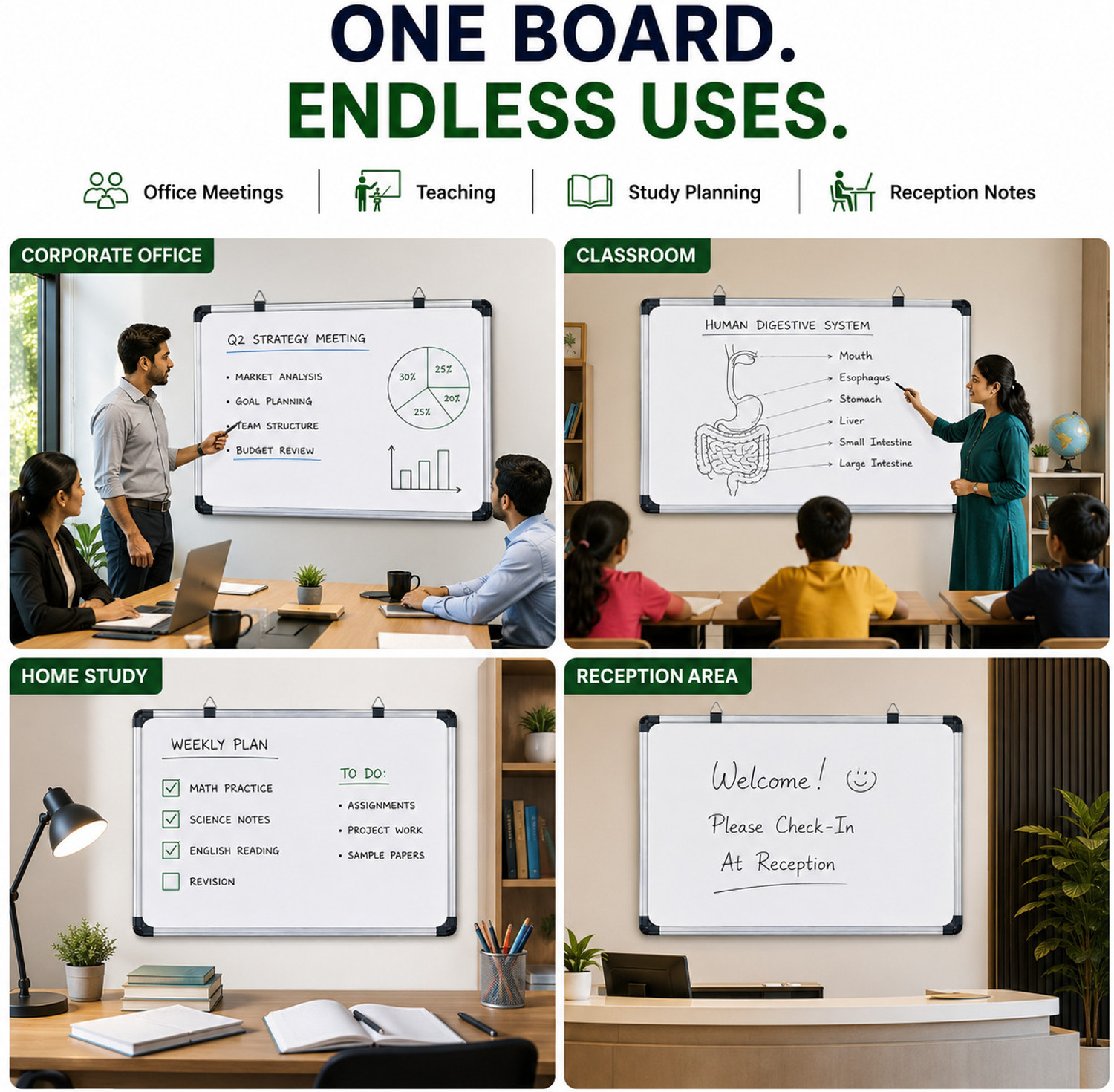 Image of malik brothers Non Magnetic Melamine Dual-Sided Writing Whiteboard(2x3 Feet) Whiteboards
