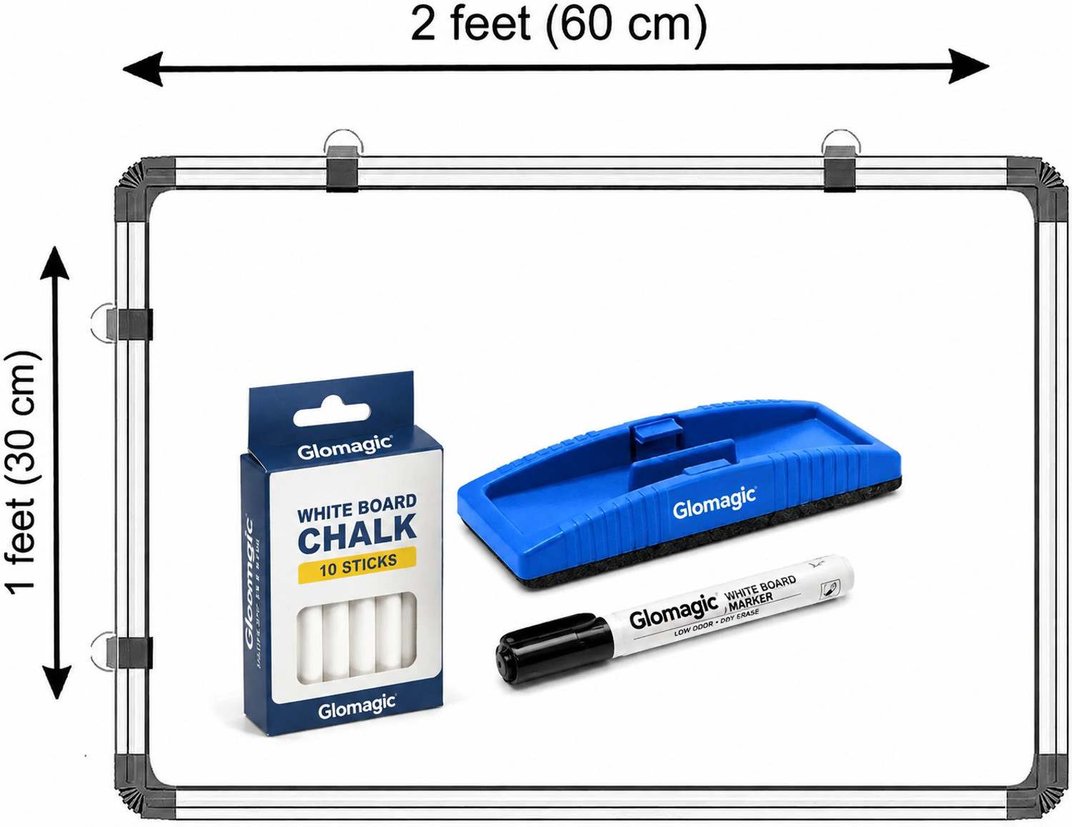 Image of Glomagic Non Magnetic Melamine Surface 2x1 ft WhiteBoard & Chalk Board Surface with 1 Marker, 1 Duster & 10 Chalk Whiteboards and Duster Combos