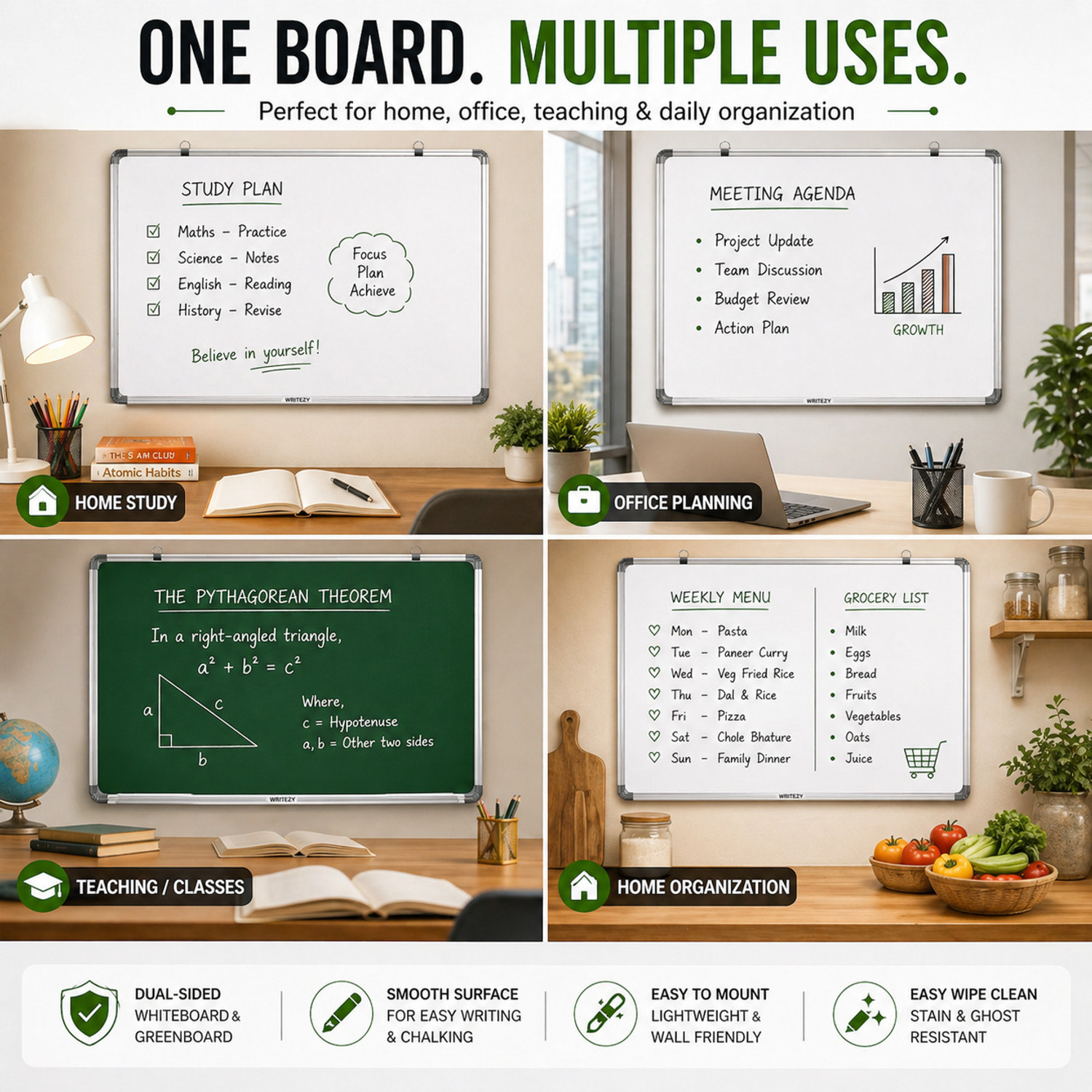 Image of Writezy Non Magnetic 3x4 FT Reversible Whiteboard & Chalkboard Comes Complete with Marker, Wooden Duster & Chalk | Perfect for Daily Use Whiteboards and Duster Combos