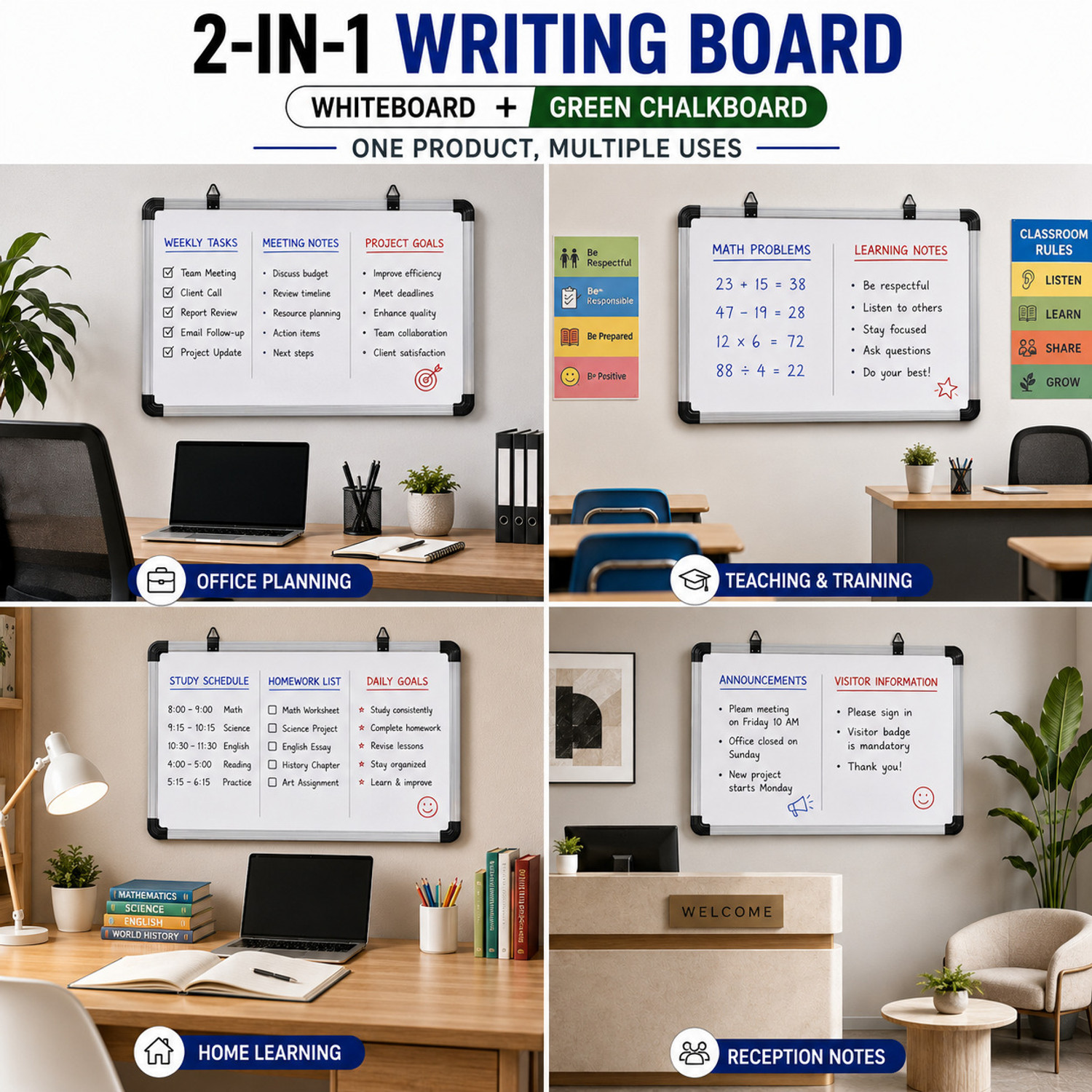 Image of malik brothers Non Magnetic Melamine Dual-Sided Writing Whiteboard(2x1 Ft.)Combo of 4 Items- 2Marker & 1Duster with Whiteboards