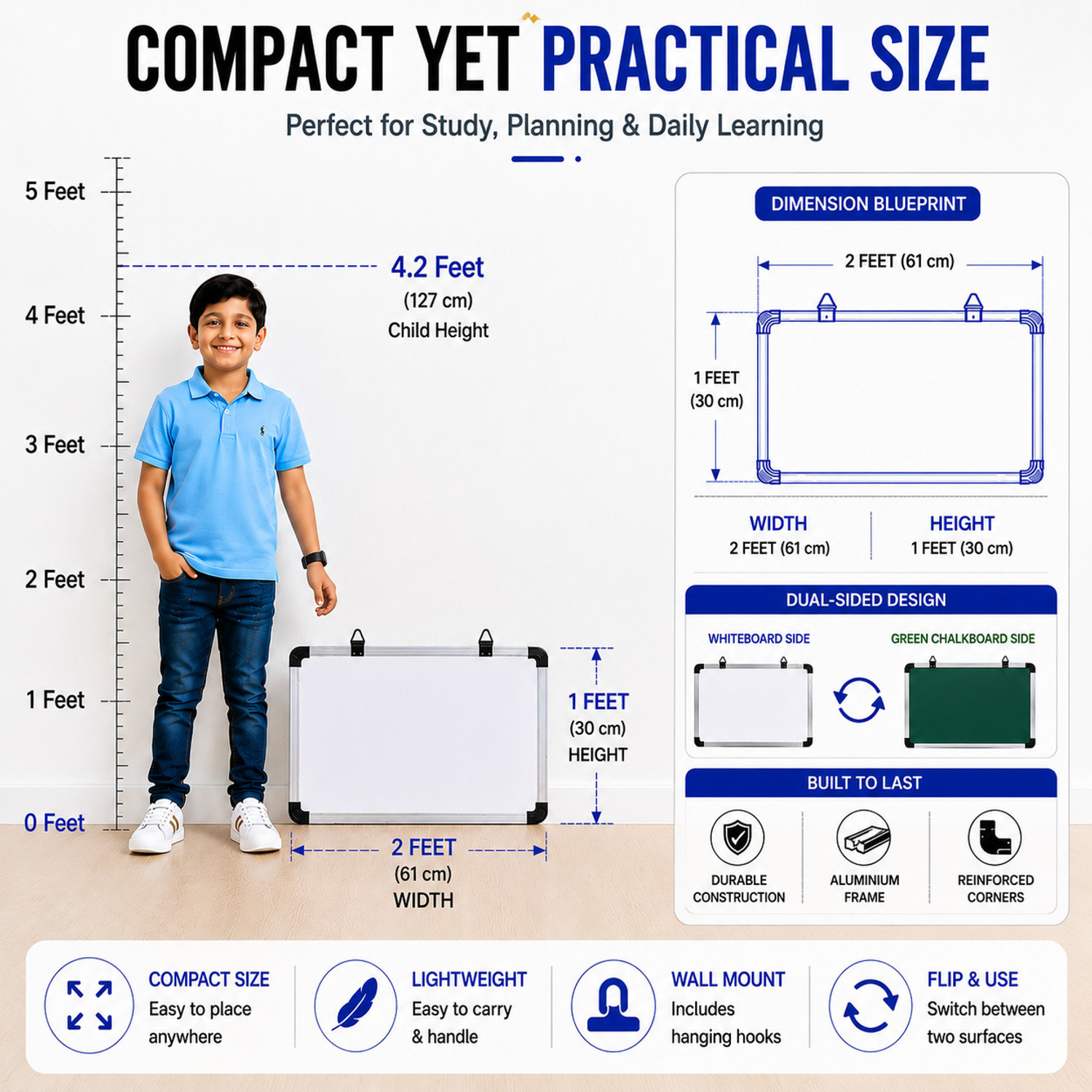 Image of malik brothers Non Magnetic Melamine Dual-Sided Writing Whiteboard(2x1 Ft.)Combo of 4 Items- 2Marker & 1Duster with Whiteboards