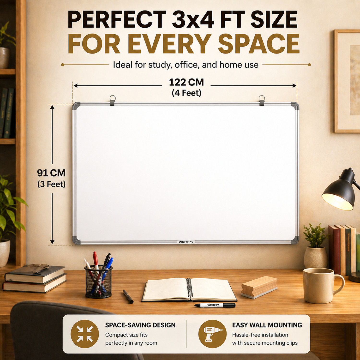 Image of Writezy Non Magnetic 3x4 FT Reversible Whiteboard & Chalkboard Comes Complete with Marker, Wooden Duster & Chalk | Perfect for Daily Use Whiteboards and Duster Combos