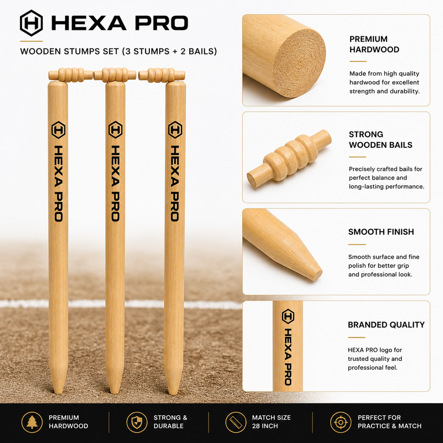 Image of HEXA PRO Wooden Cricket Stumps Set (3 Stumps + 2 Bails) Match Size 28 Inch | Premium
