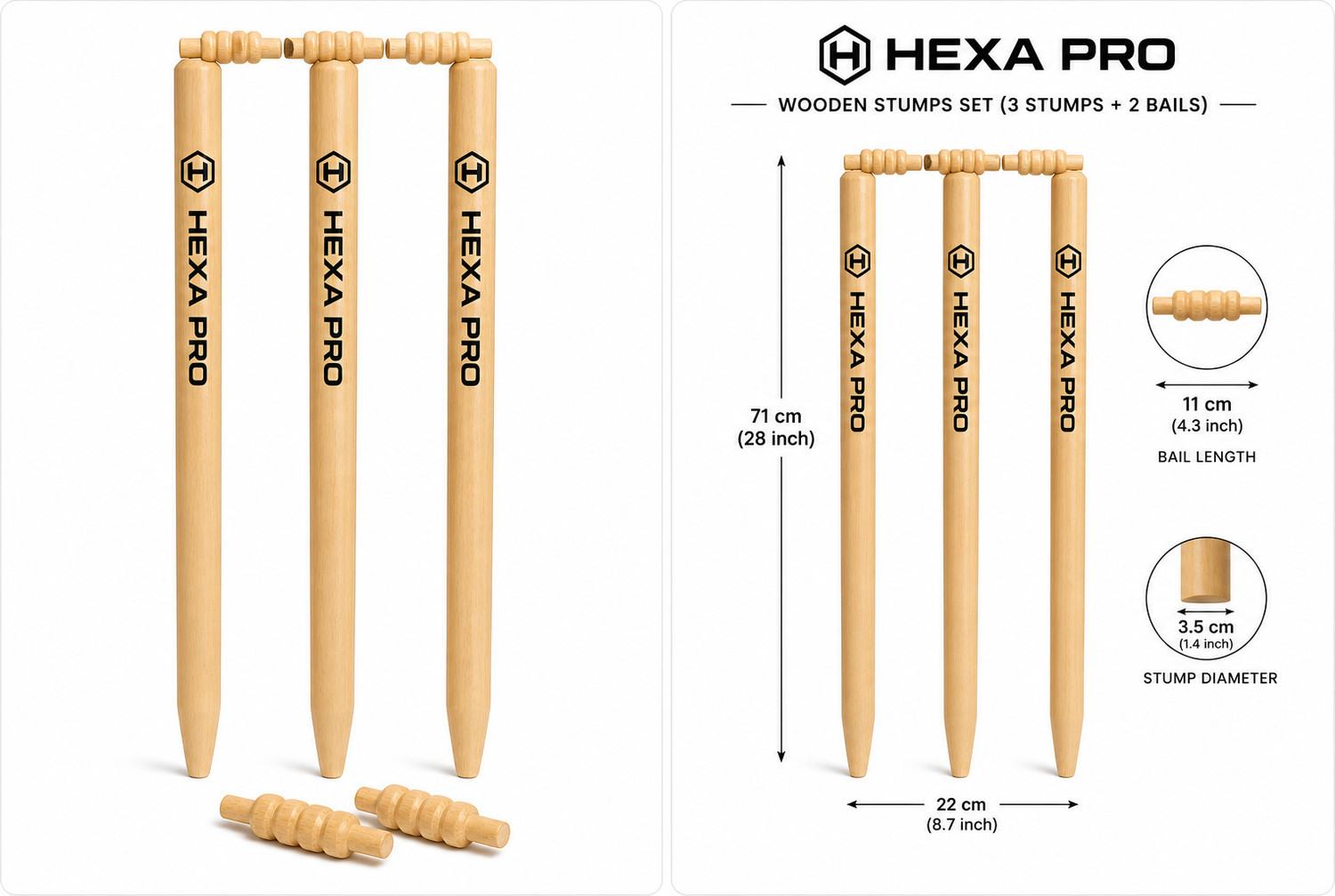 Image of HEXA PRO Wooden Cricket Stumps Set (3 Stumps + 2 Bails) Match Size 28 Inch | Premium