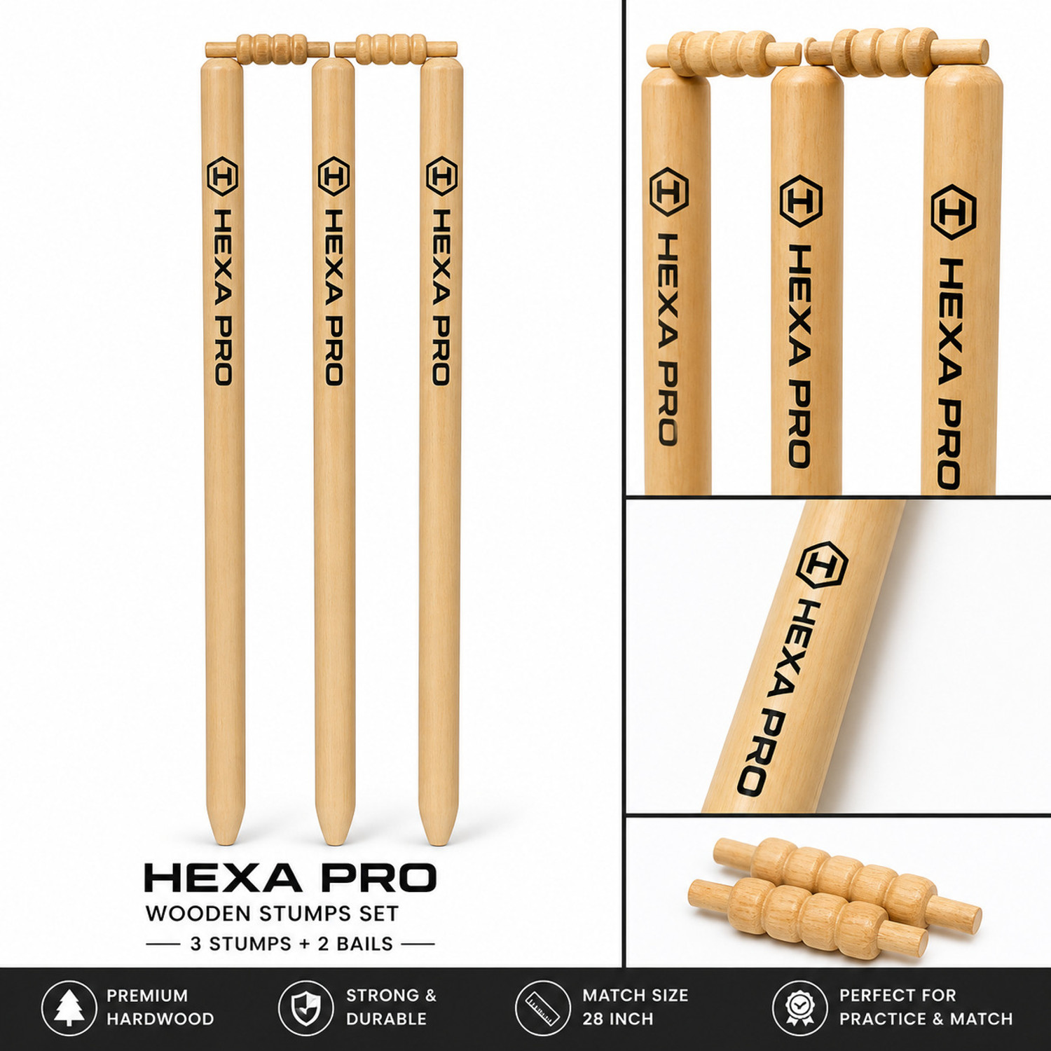 Image of HEXA PRO Wooden Cricket Stumps Set (3 Stumps + 2 Bails) Match Size 28 Inch | Premium