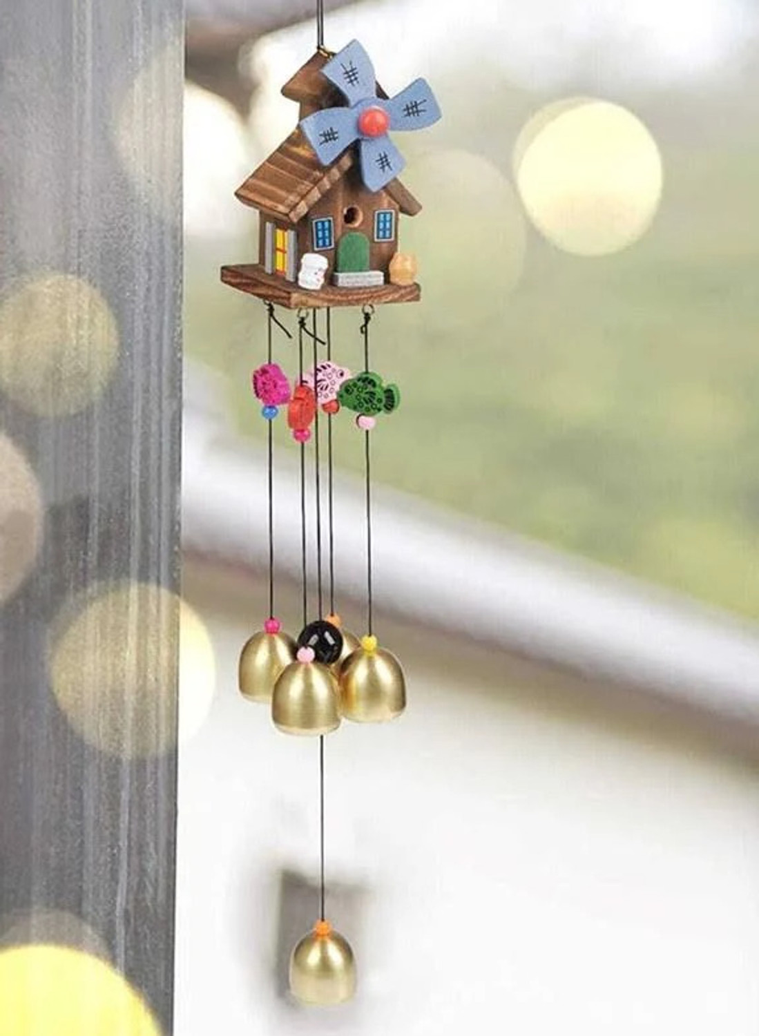 Image of Ryme Wooden and aluminum 5 Bell House Decorative Hanging Wood, Aluminium, Brass Windchime (20 inch, Multicolor)
