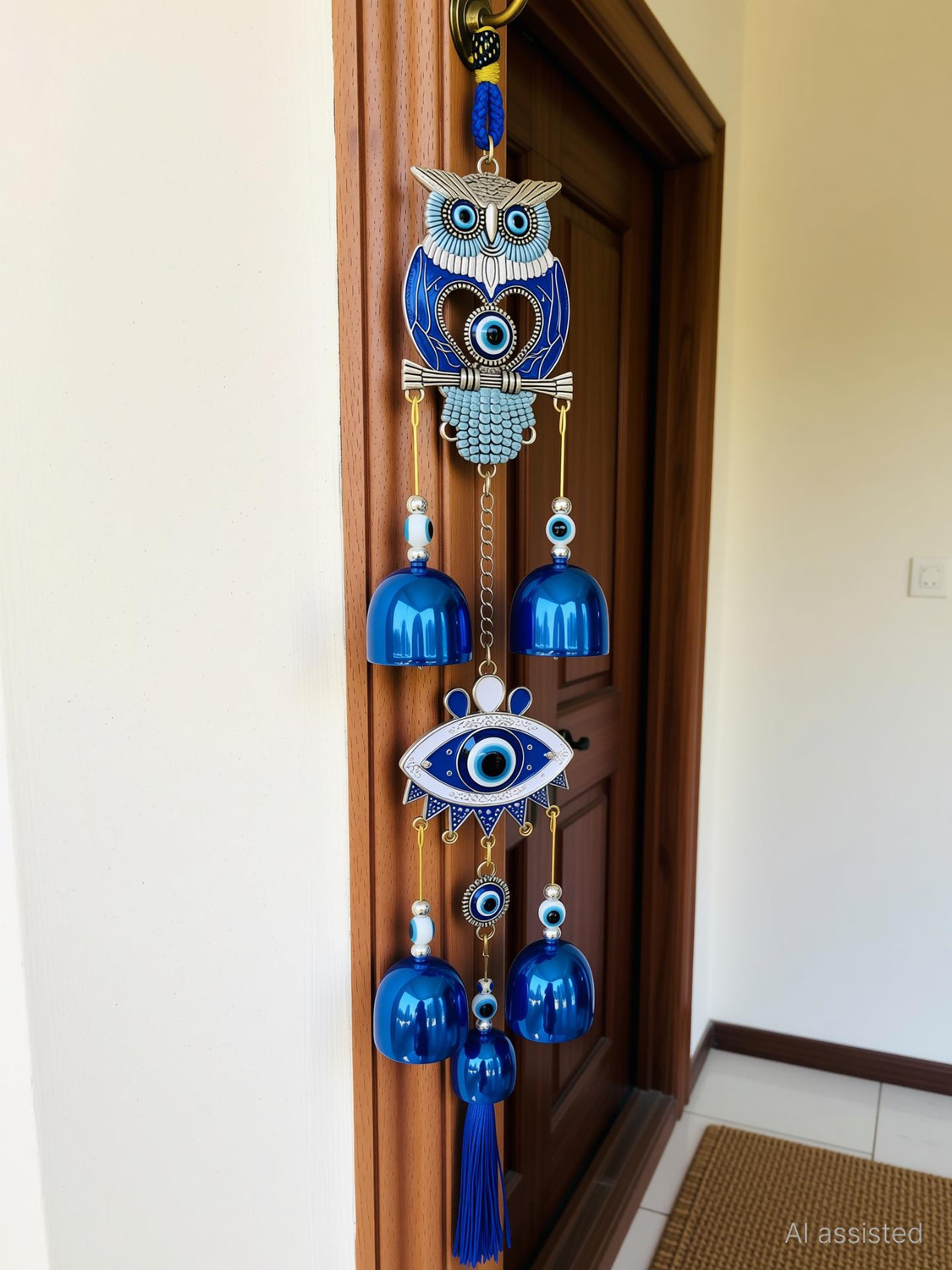 Image of sculpmart Owl & Eye Shape Evil Eye Wind Chime Hanging Chain Design For Main Door & Balcony Silver Windchime