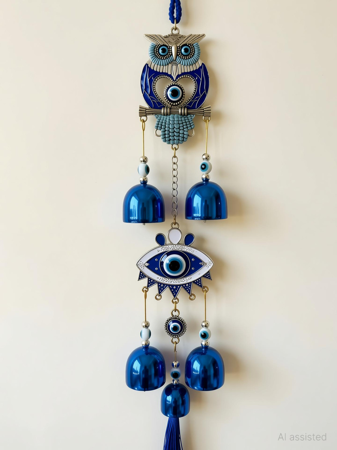 Image of sculpmart Owl & Eye Shape Evil Eye Wind Chime Hanging Chain Design For Main Door & Balcony Silver Windchime