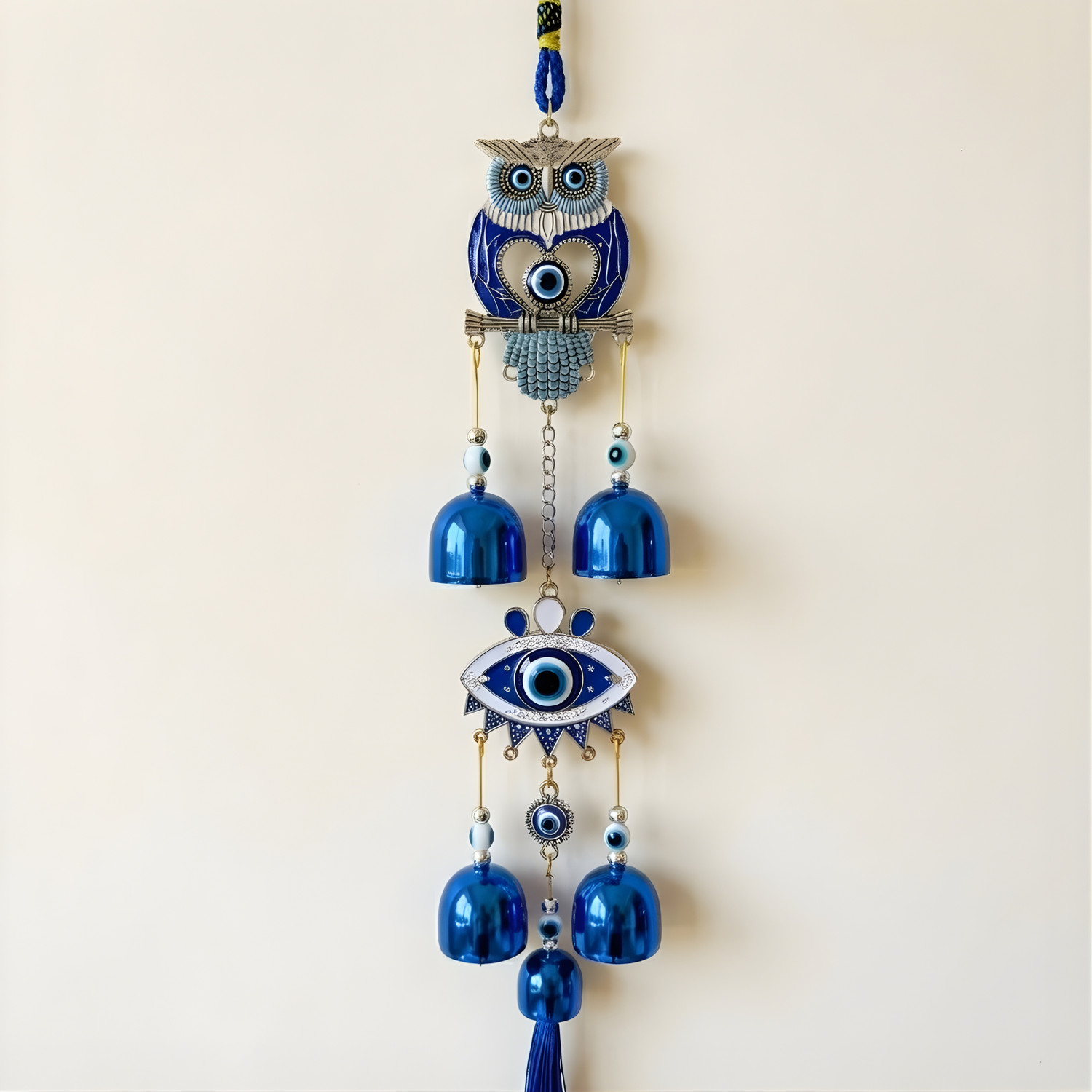 Image of sculpmart Owl & Eye Shape Evil Eye Wind Chime Hanging Chain Design For Main Door & Balcony Silver Windchime