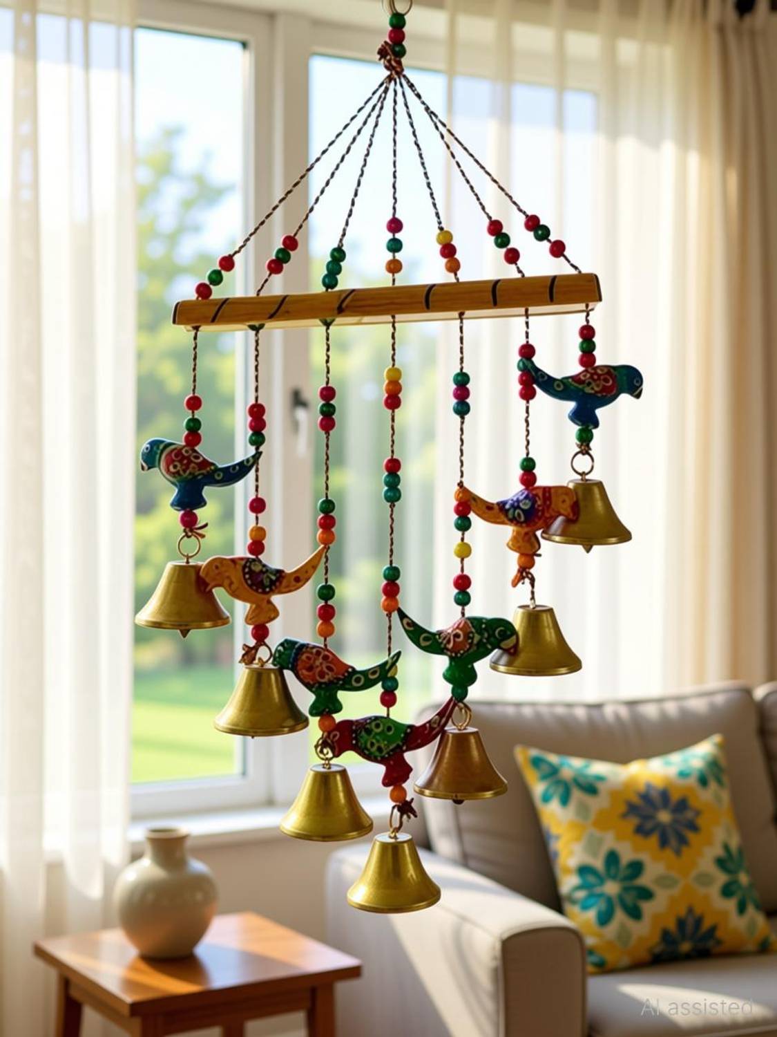Aaina creations Handcrafted Rajasthani Bells Design Wall Hanging Decorative Showpiece Wood Windchime