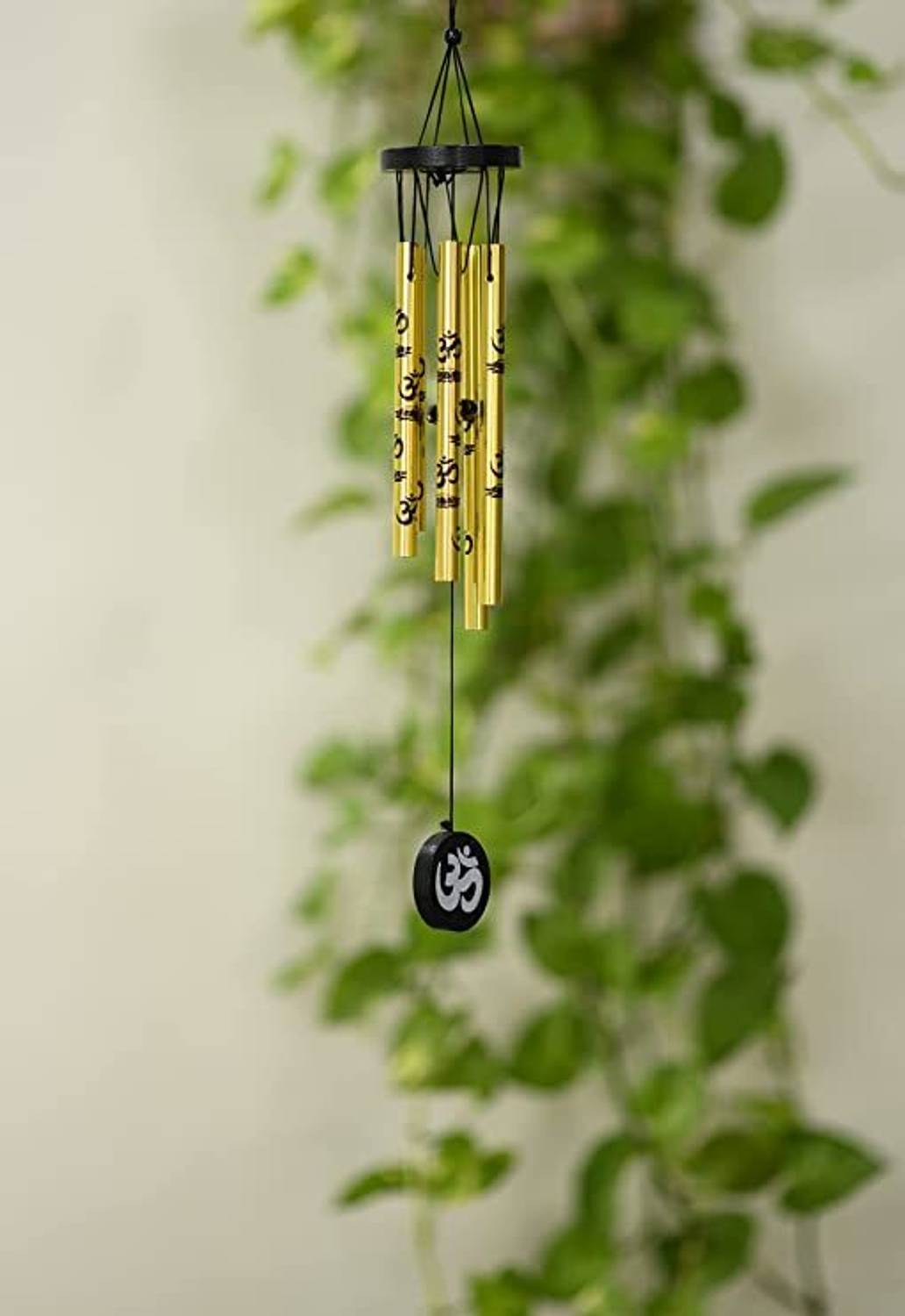 Alphabettm Vigamu Vastu Golden Om Printed 5 Pipes Steel Windchime