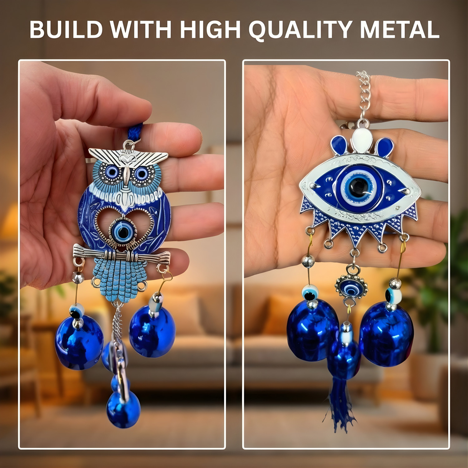 Image of sculpmart Owl & Eye Shape Evil Eye Wind Chime Hanging Chain Design For Main Door & Balcony Silver Windchime