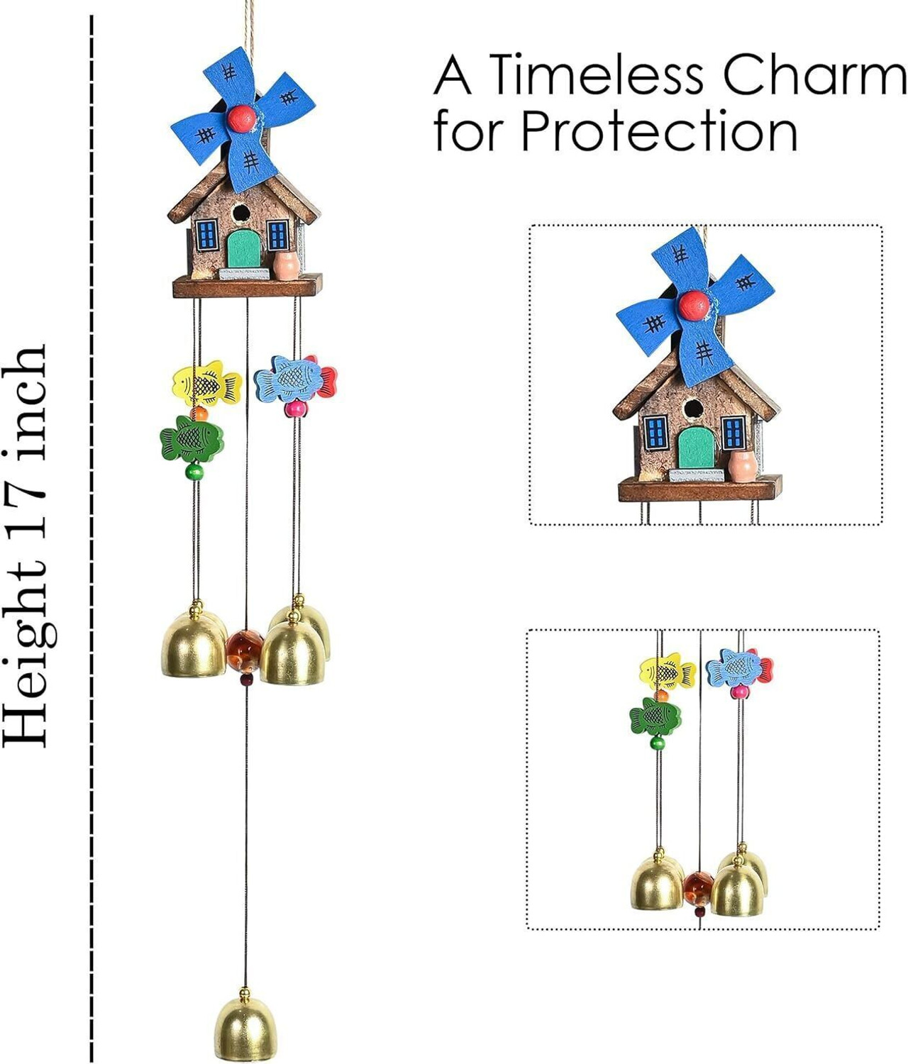 Image of Ryme Wooden and aluminum 5 Bell House Decorative Hanging Wood, Aluminium, Brass Windchime (20 inch, Multicolor)