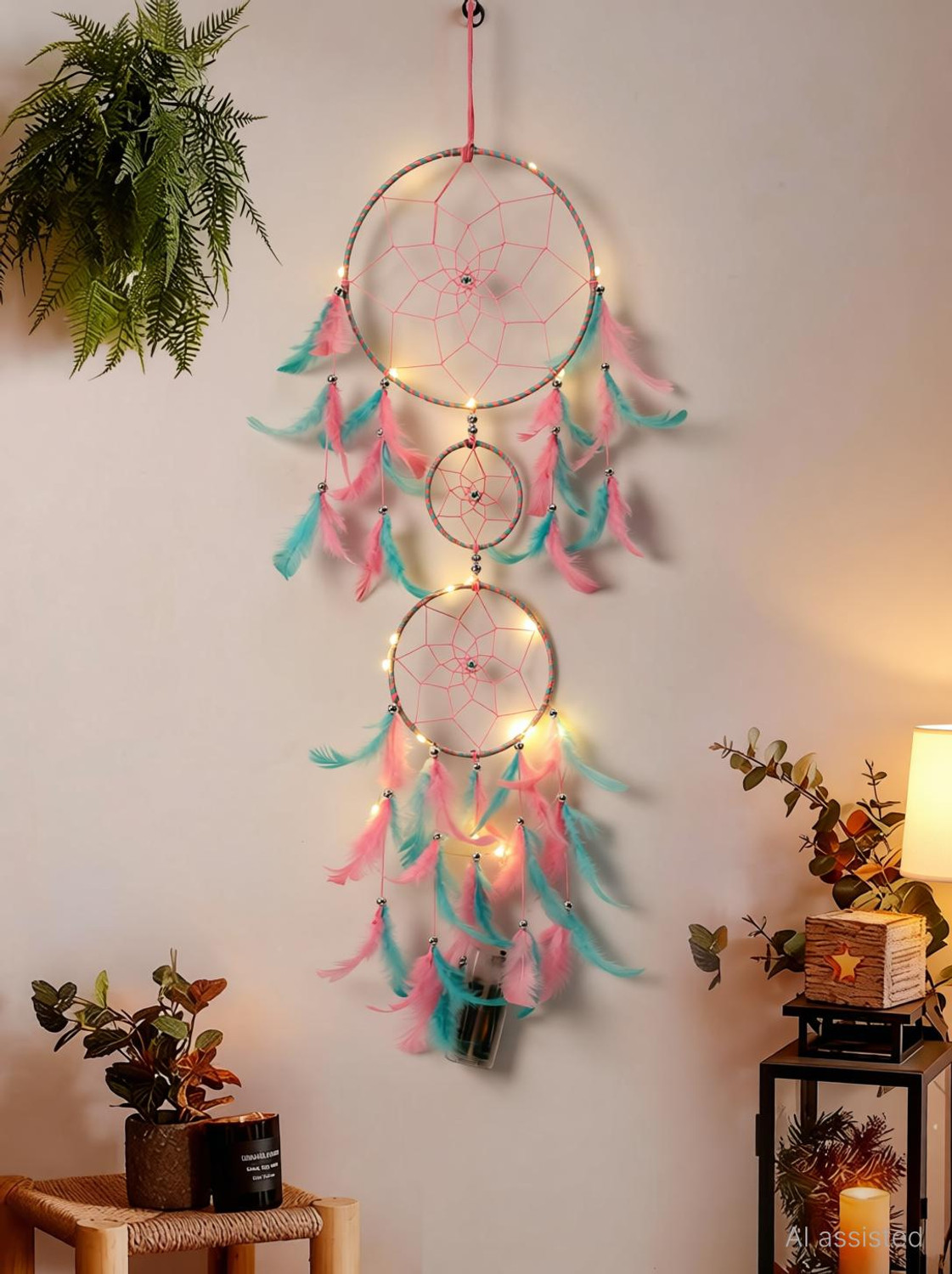 Image of DULI Dream catcher with Lights Handmade Wall Hanging for Home Cafe Party Decor Feather Dream Catcher
