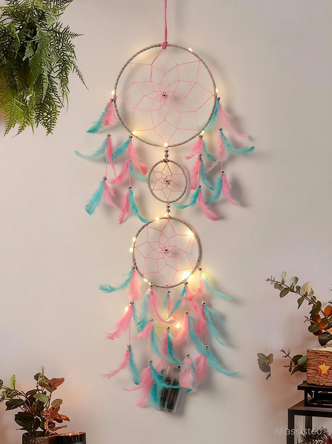 Image of DULI Dream catcher with Lights Handmade Wall Hanging for Home Cafe Party Decor Feather Dream Catcher