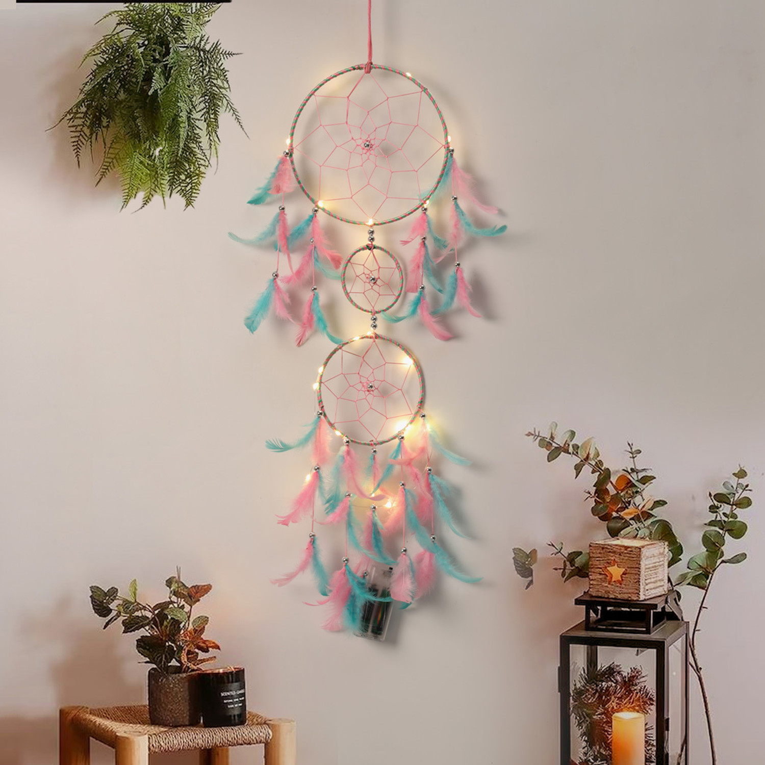 Image of DULI Dream catcher with Lights Handmade Wall Hanging for Home Cafe Party Decor Feather Dream Catcher