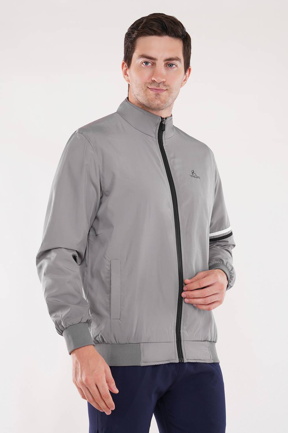 Yaqr Men's Light Grey Wind Cheater Jacket Striped Men Wind Cheater