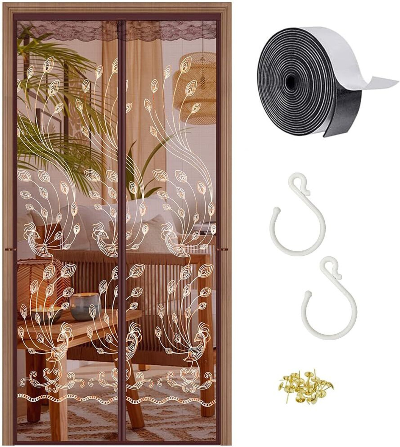 Image of HASTHIP Magnetic Mosquito Mesh Door Screen Brown Peacock Pattern Auto Close Nylon Adults Mosquito Net