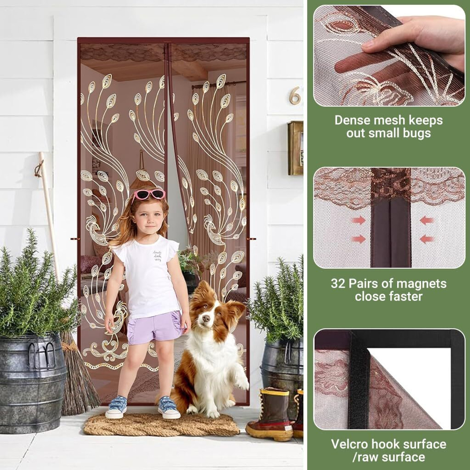 Image of HASTHIP Magnetic Mosquito Mesh Door Screen Brown Peacock Pattern Auto Close Nylon Adults Mosquito Net
